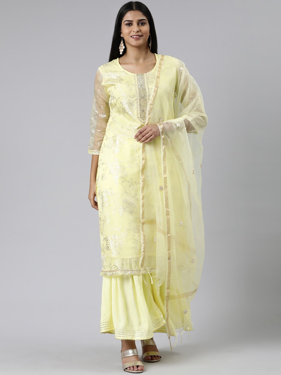 

Neerus Printed Chanderi Cotton Kurta with Palazzos & With Dupatta, Yellow