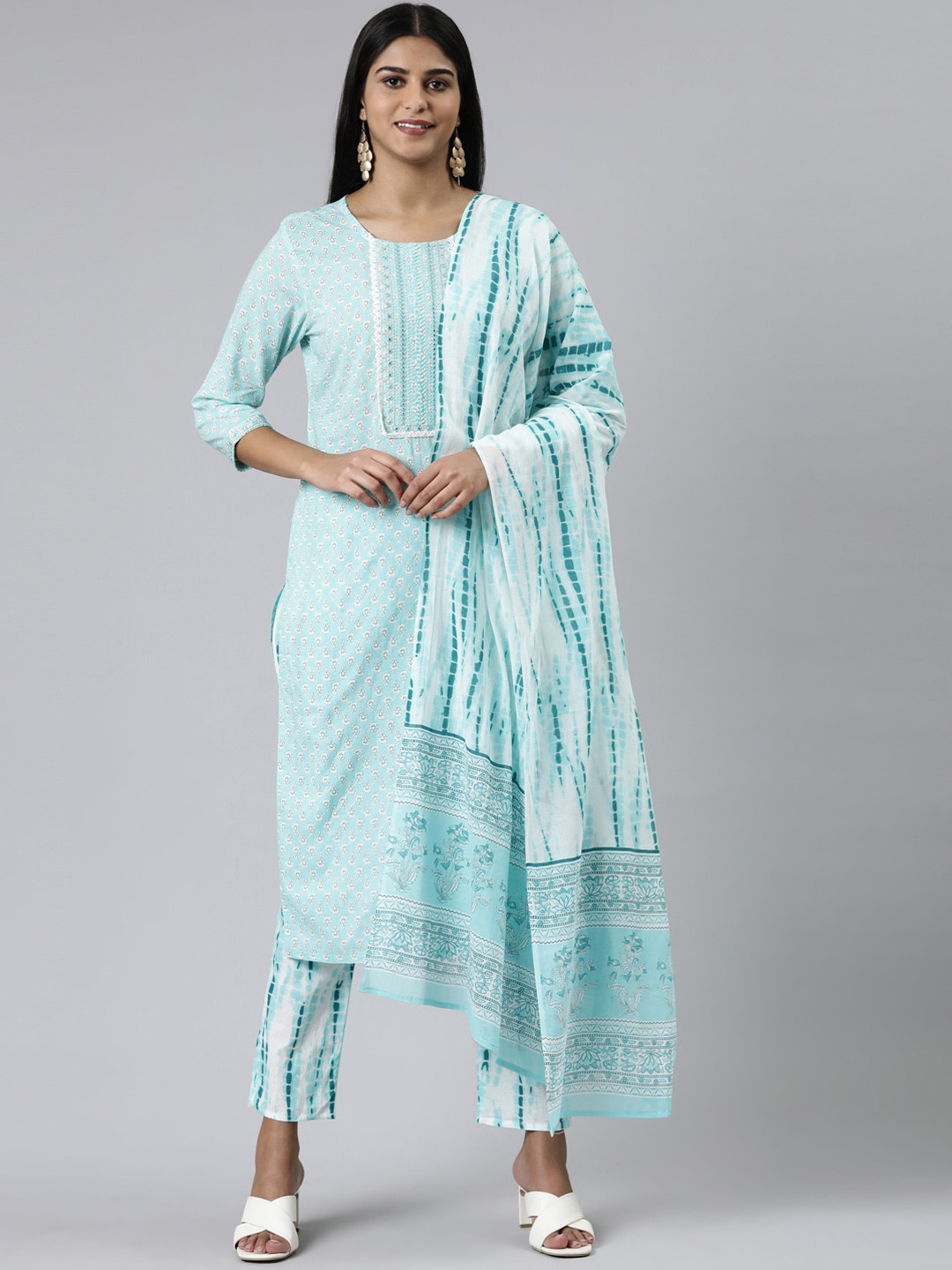 

Neerus Floral Printed Thread Work Pure Cotton Kurta with Trousers & Dupatta, Sea green