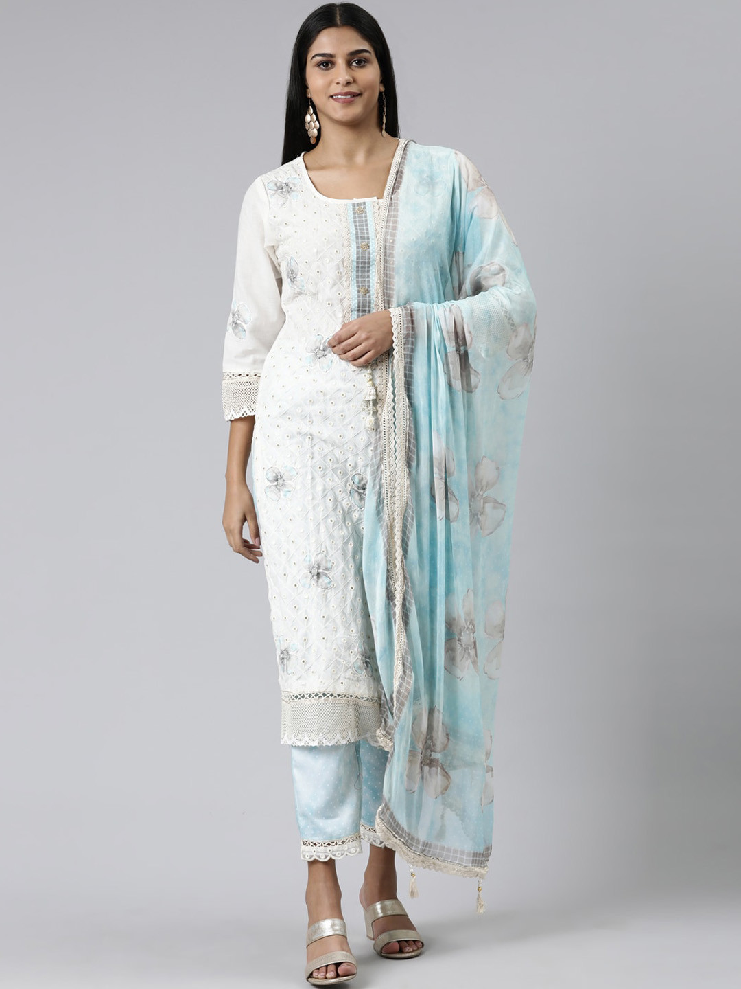 

Neerus Women Floral Embroidered Mirror Work Chanderi Cotton Kurta with Trousers & Dupatta, Off white