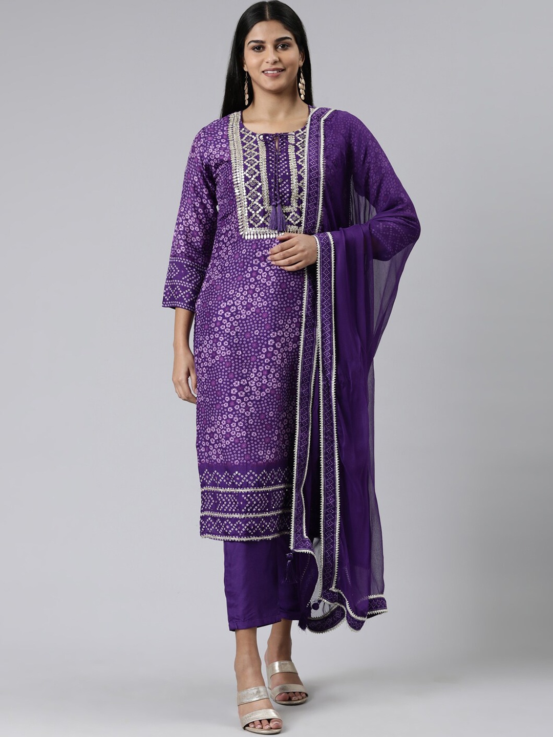 

Neerus Women Floral Printed Tie-Up Neck Kurta With Trousers & Dupatta, Purple