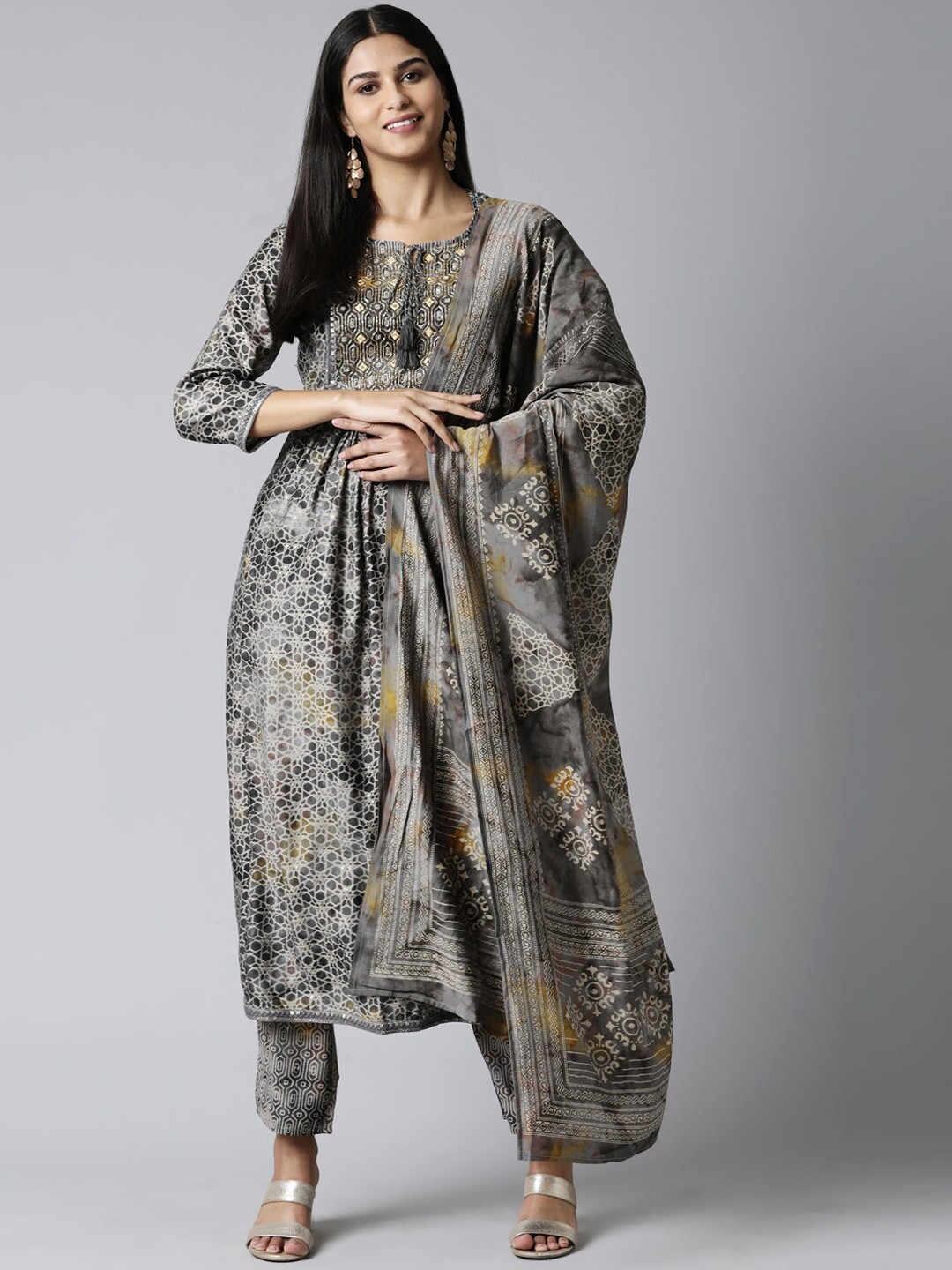

Neerus Women Printed Sequinned Kurta With Trousers & Dupatta, Grey