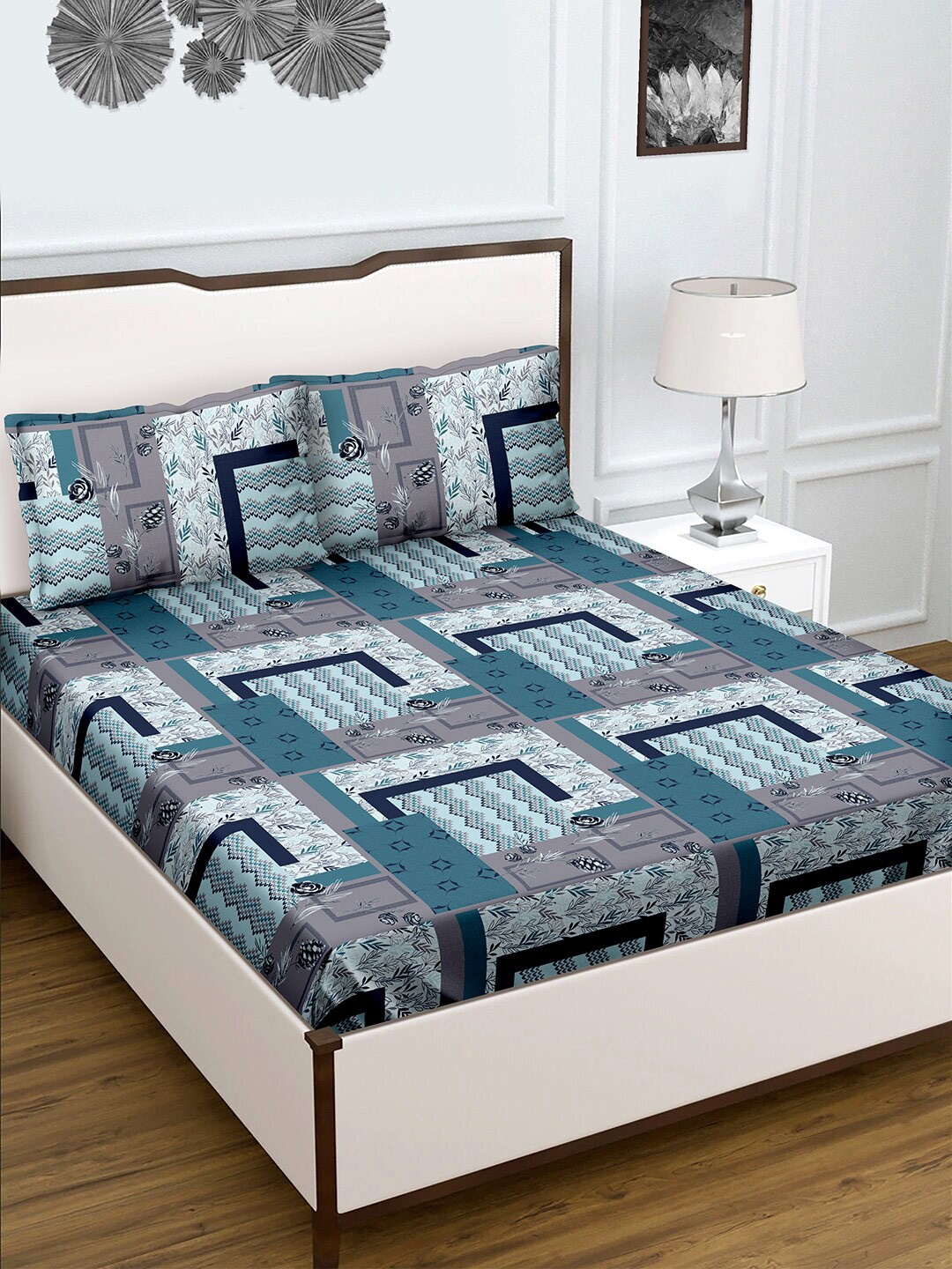 

BELLA CASA Radiant Blue & Grey 150 TC Pure Cotton King Bedsheet With 2 Pillow Covers