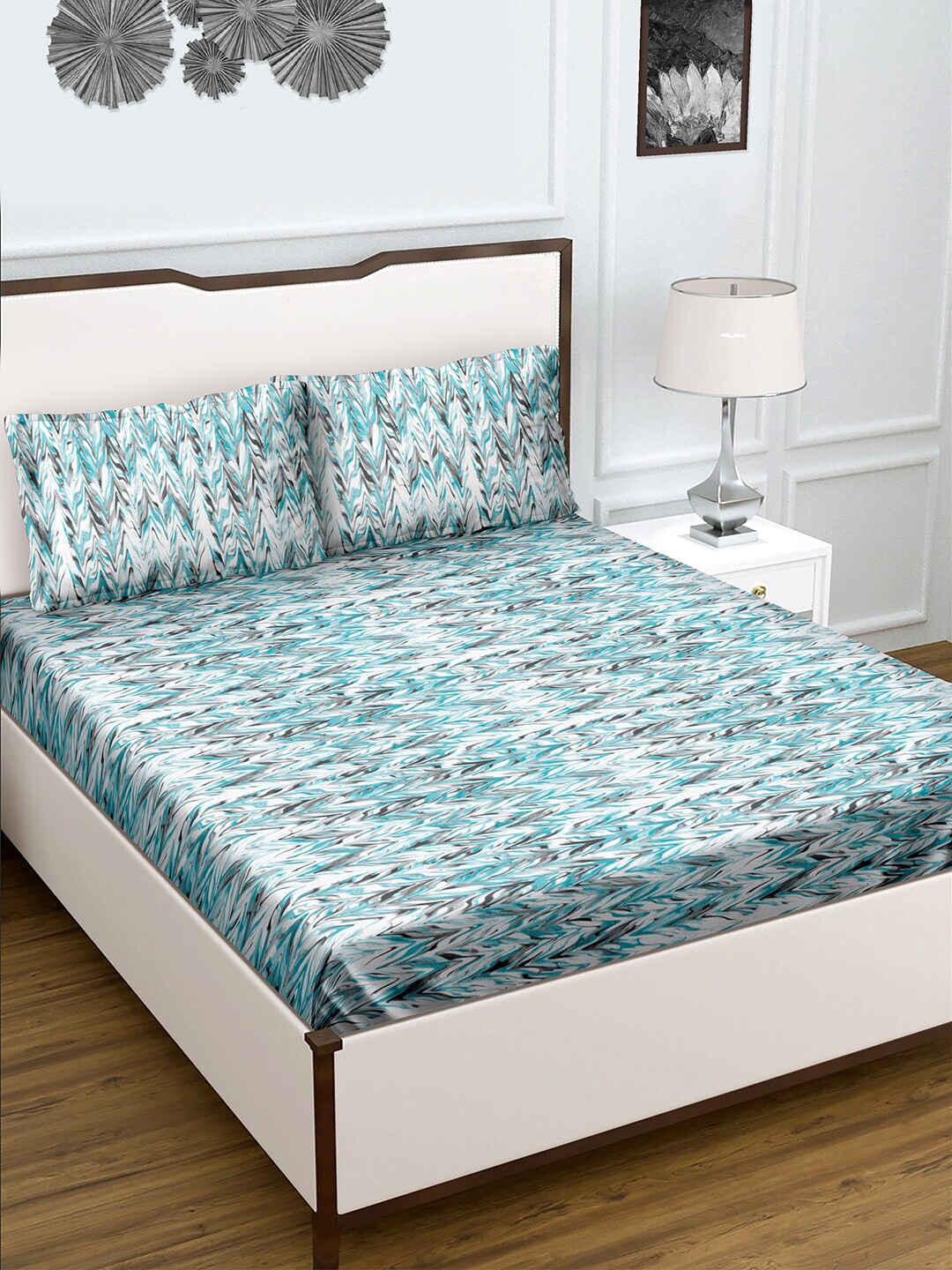 

BELLA CASA Blue & Cream Abstract 150 TC King Bedsheet with 2 Pillow Covers