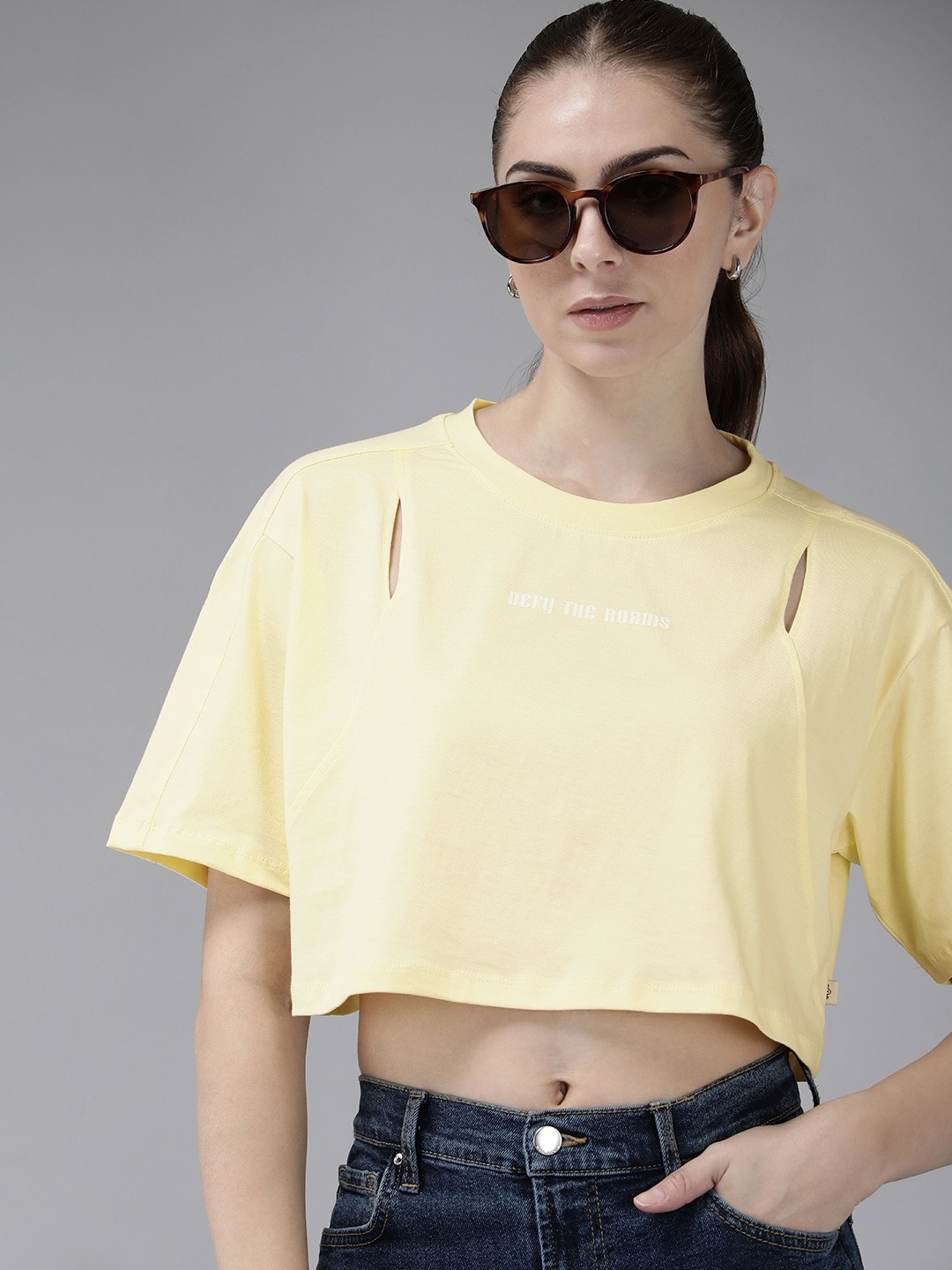 

The Roadster Life Co. Typography Printed Drop-Shoulder Sleeves Cut Outs T-shirt, Yellow