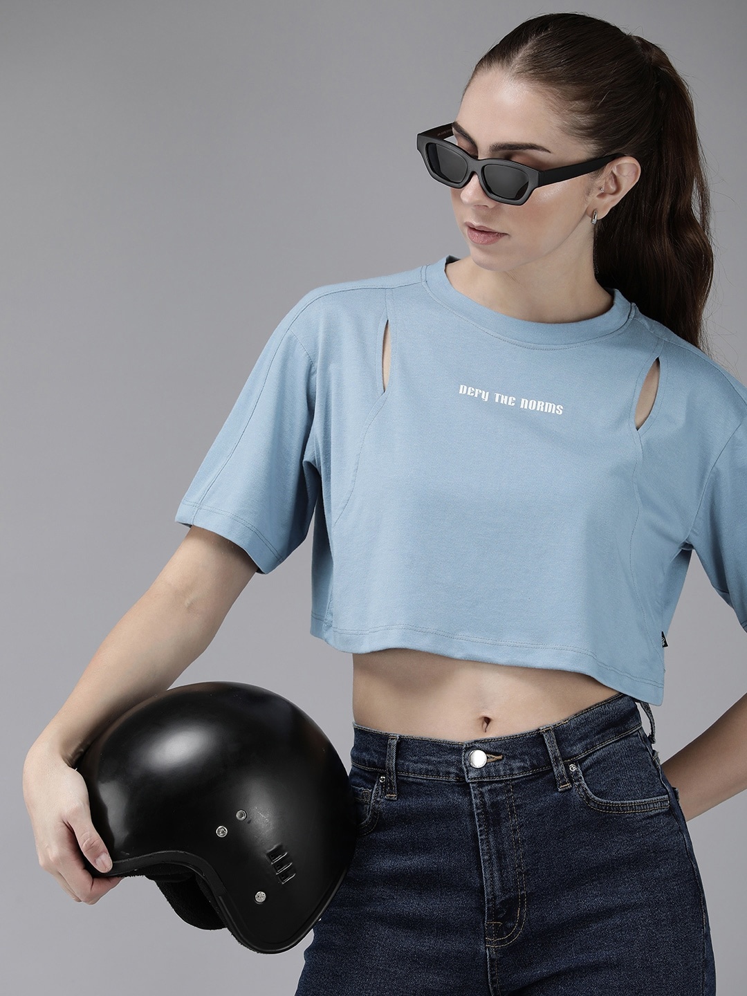 

The Roadster Life Co. Typography Printed Drop-Shoulder Sleeves Cut Outs T-shirt, Blue