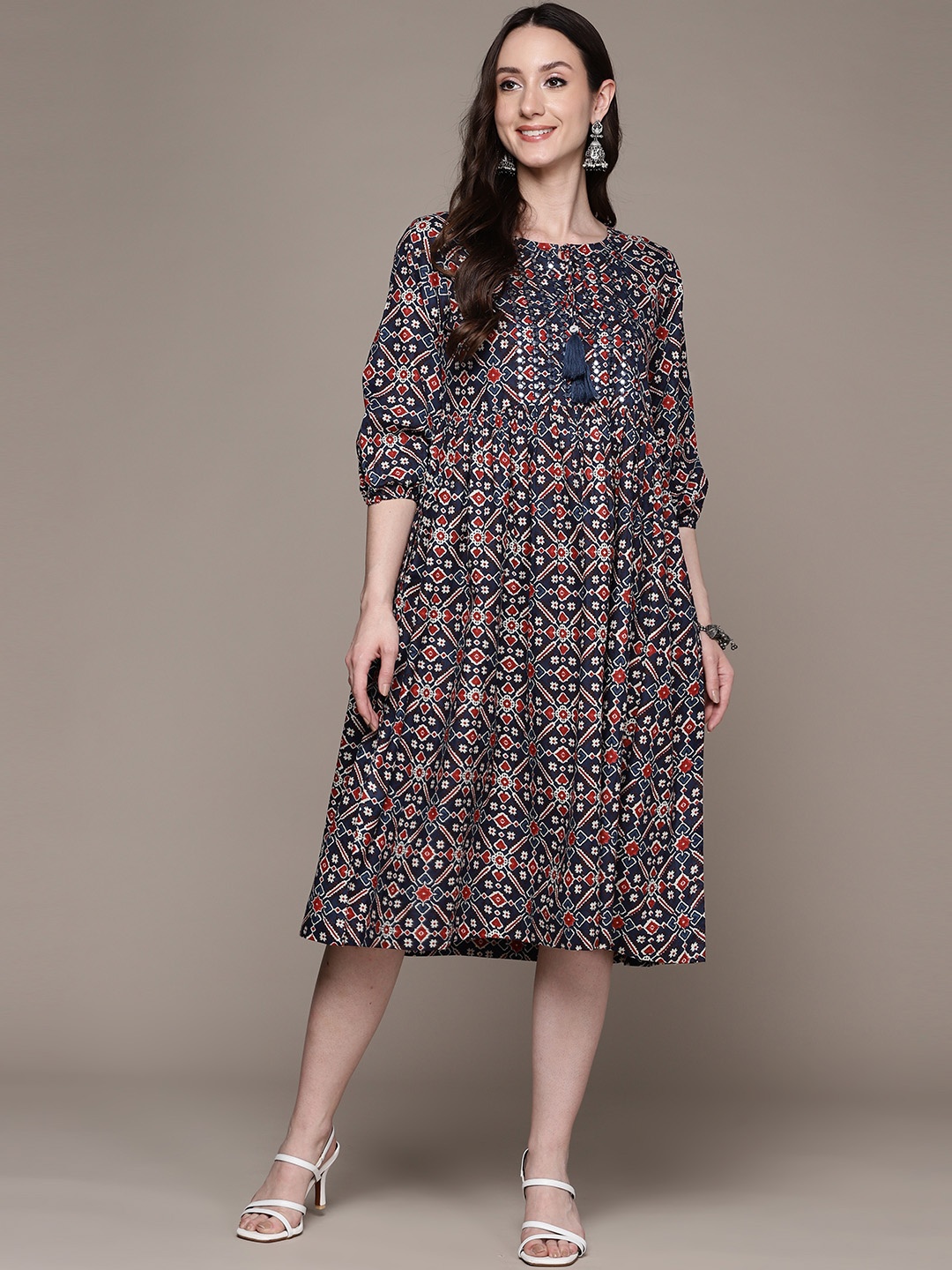 

Anubhutee Geometric Printed Tie-Up Neck A-Line Dress, Navy blue