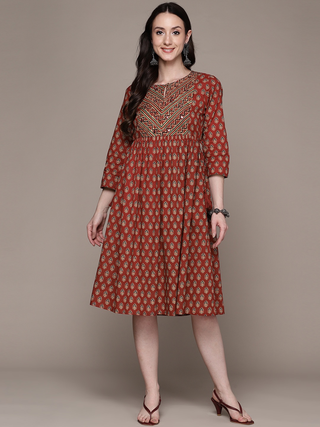 

Anubhutee Ethnic Motifs Printed A-Line Dress, Maroon