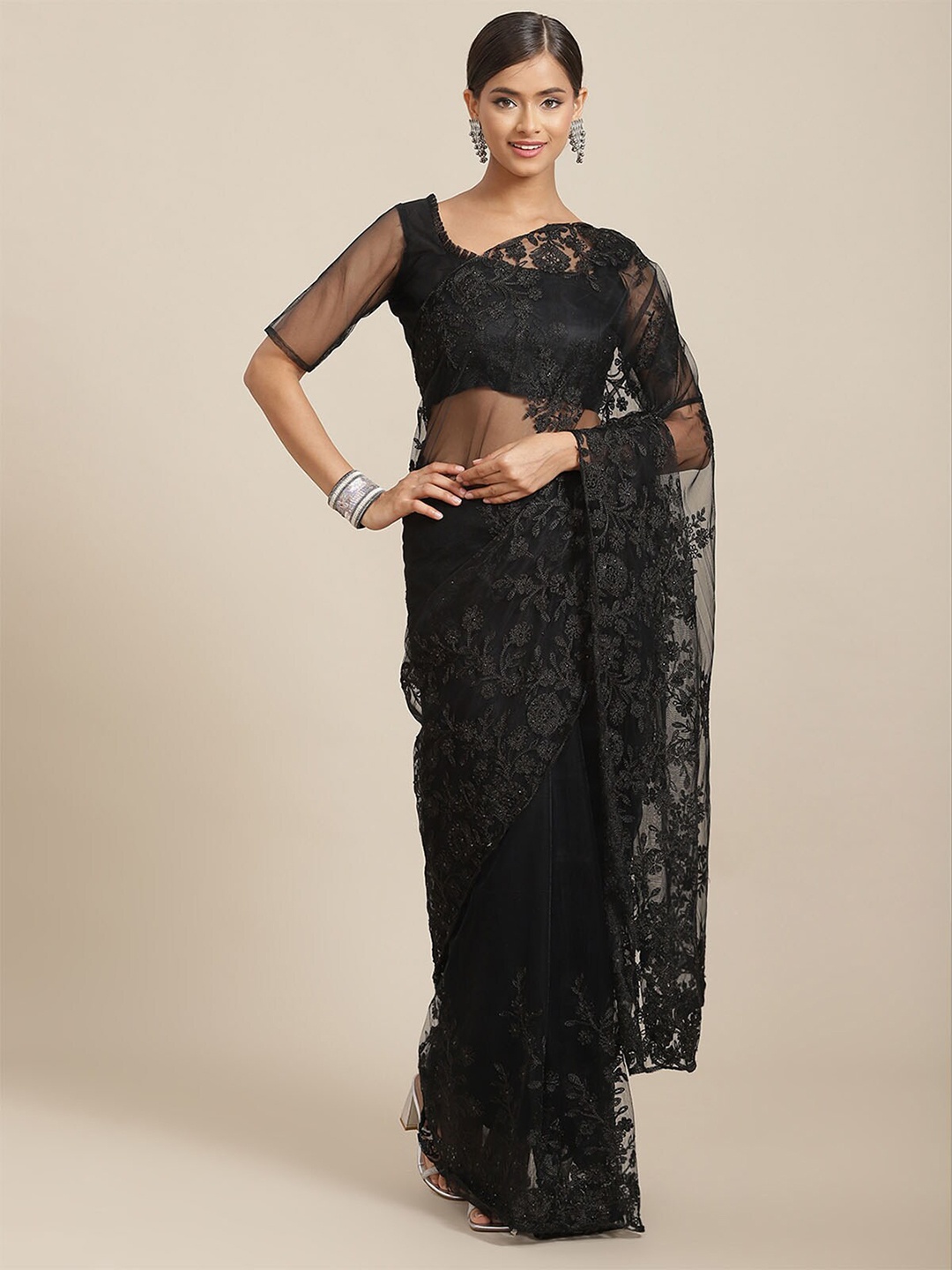 

ODETTE Stone Work Floral Embroidered Saree, Black