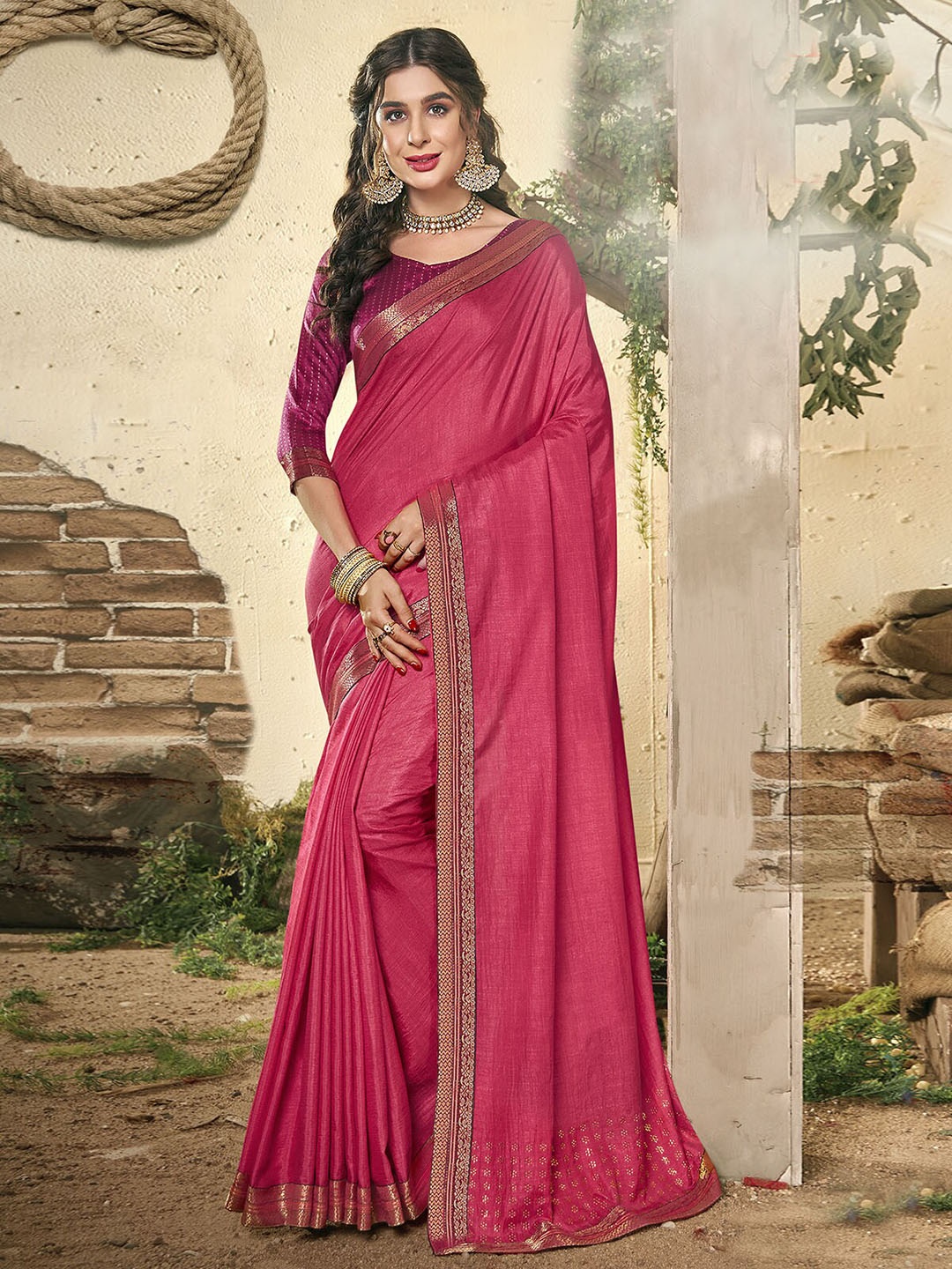 

ODETTE Stone Work Silk Blend Saree, Pink