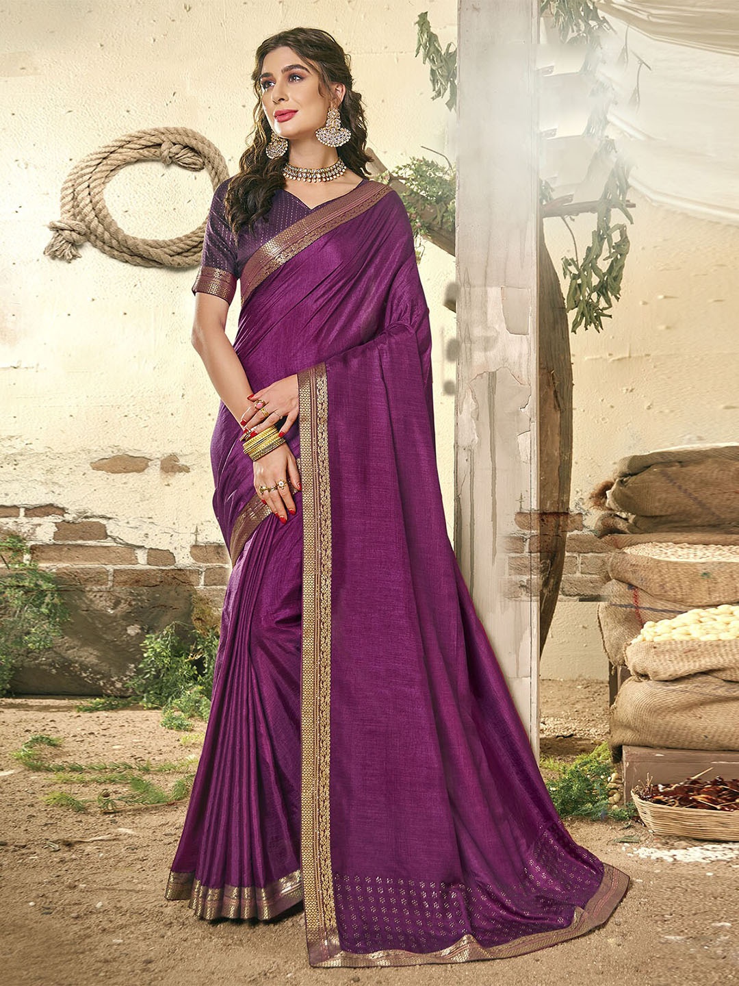 

ODETTE Stone Work Silk Blend Saree, Purple