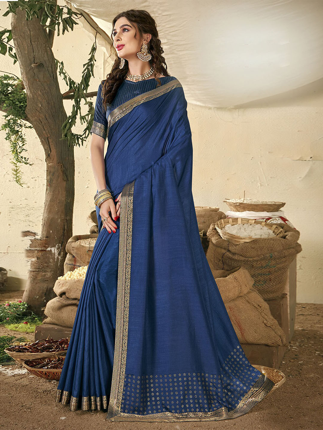 

ODETTE Stone Work Silk Blend Saree, Navy blue