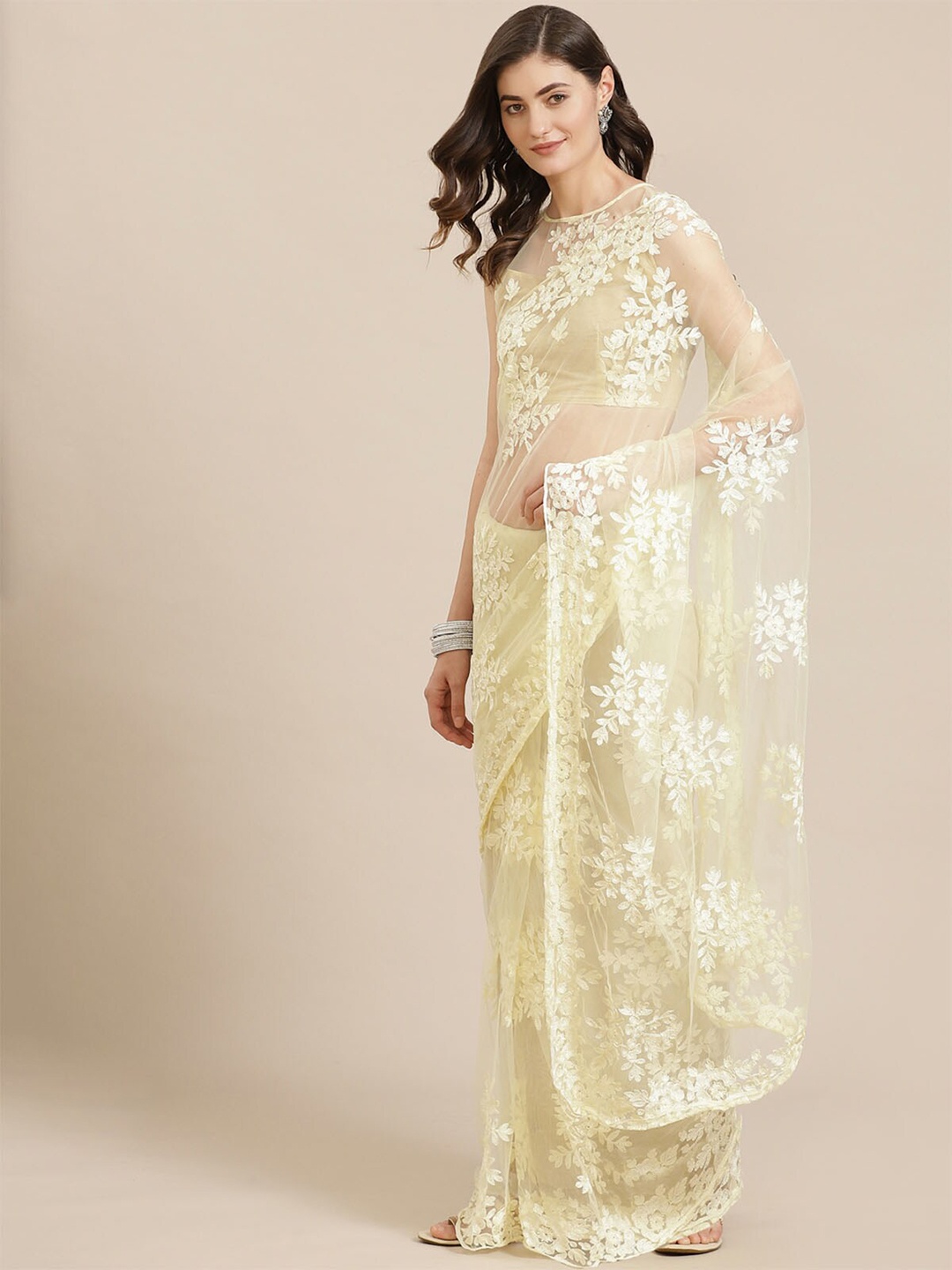 

ODETTE Floral Embroidered Saree, Cream