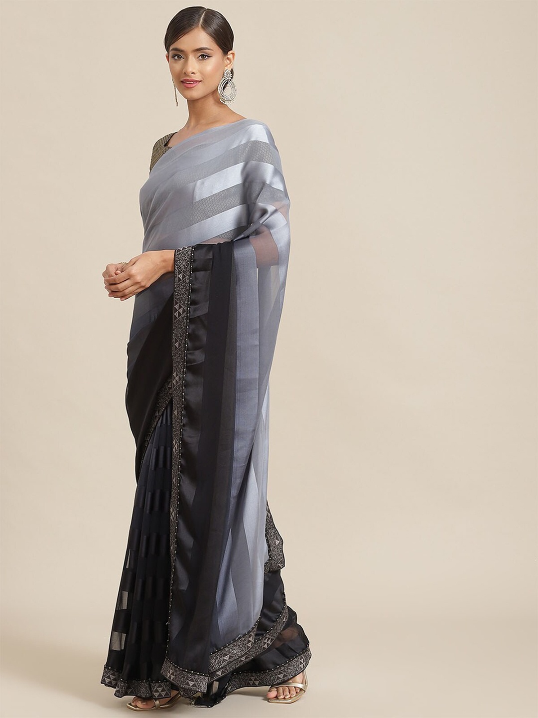 

ODETTE Embroidered Striped Saree, Grey