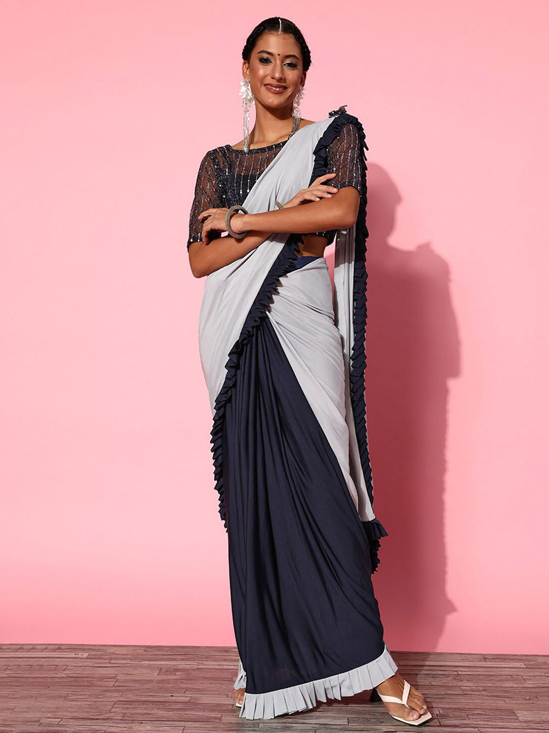 

ODETTE Raffle Poly Silk Saree With Embellished Blouse, Charcoal