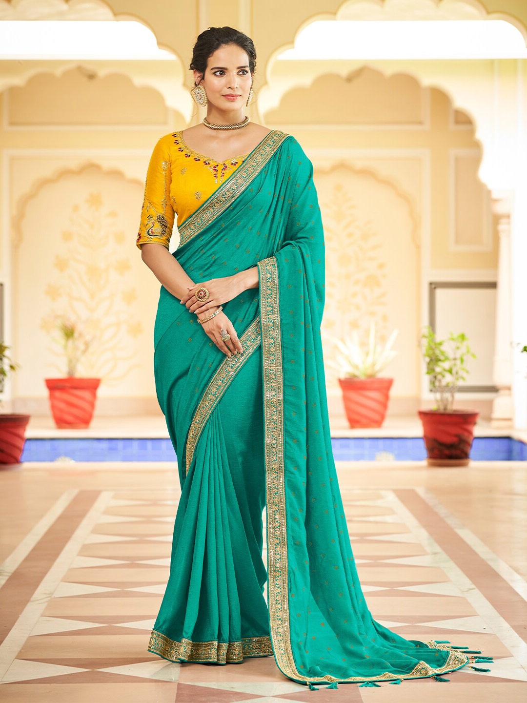 

ODETTE Sequinned Embroidered Silk Blend Saree With Tassle, Sea green