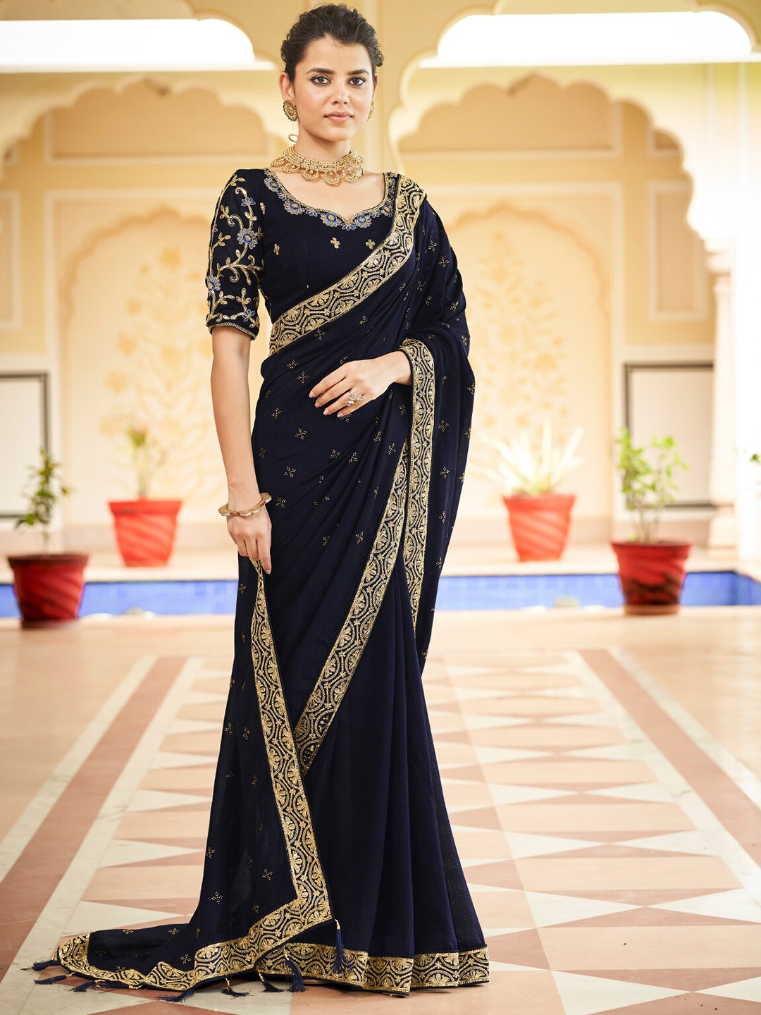 

ODETTE Sequinned Embroidered Silk Blend Saree With Tassle, Navy blue