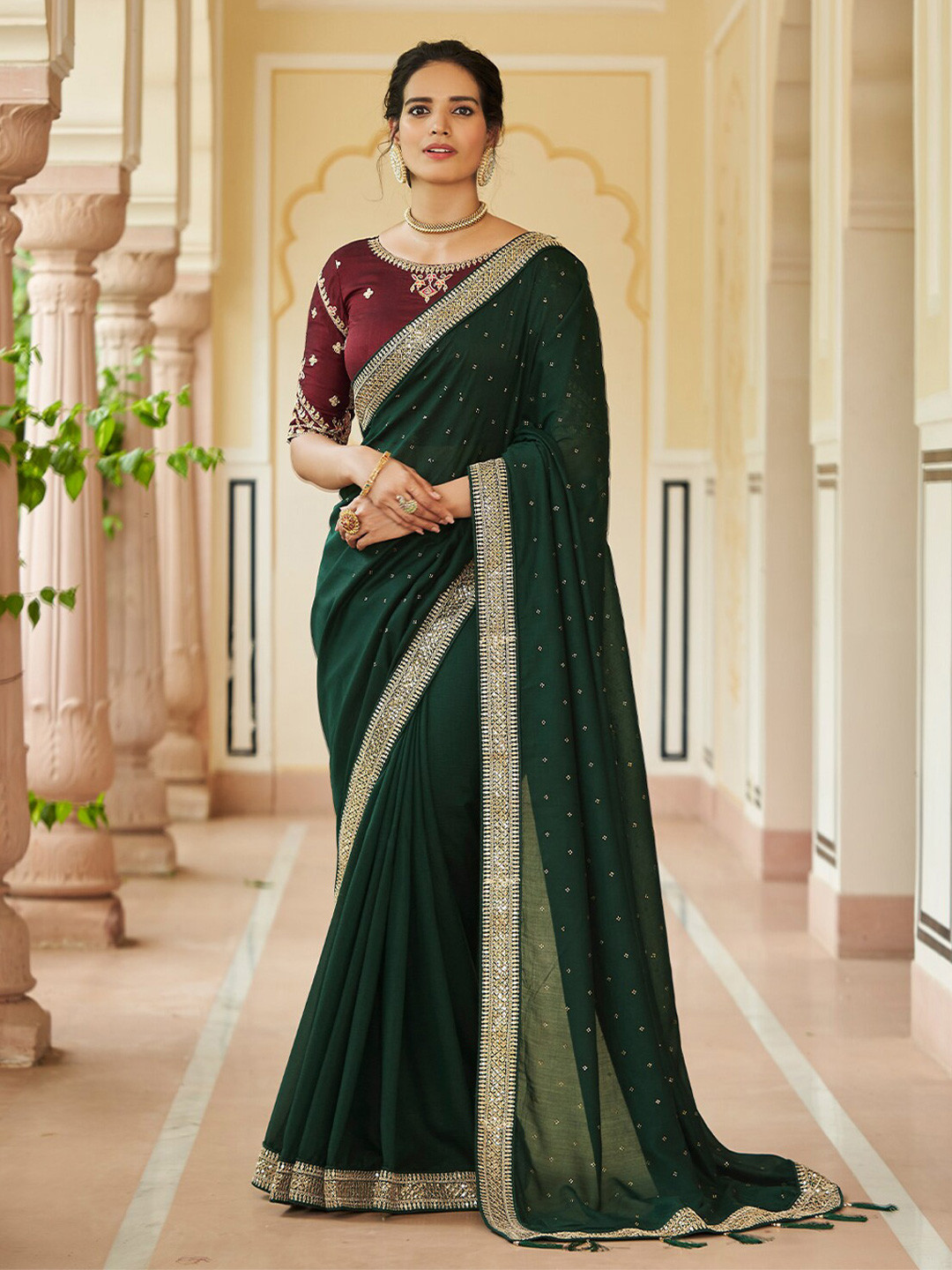 

ODETTE Embellished Embroidered Silk Blend Saree With Tassle, Green
