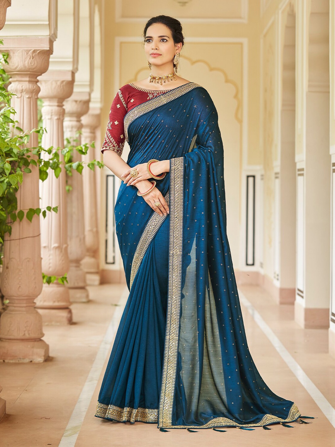 

ODETTE Embellished Embroidered Silk Blend Saree With Tassle, Blue