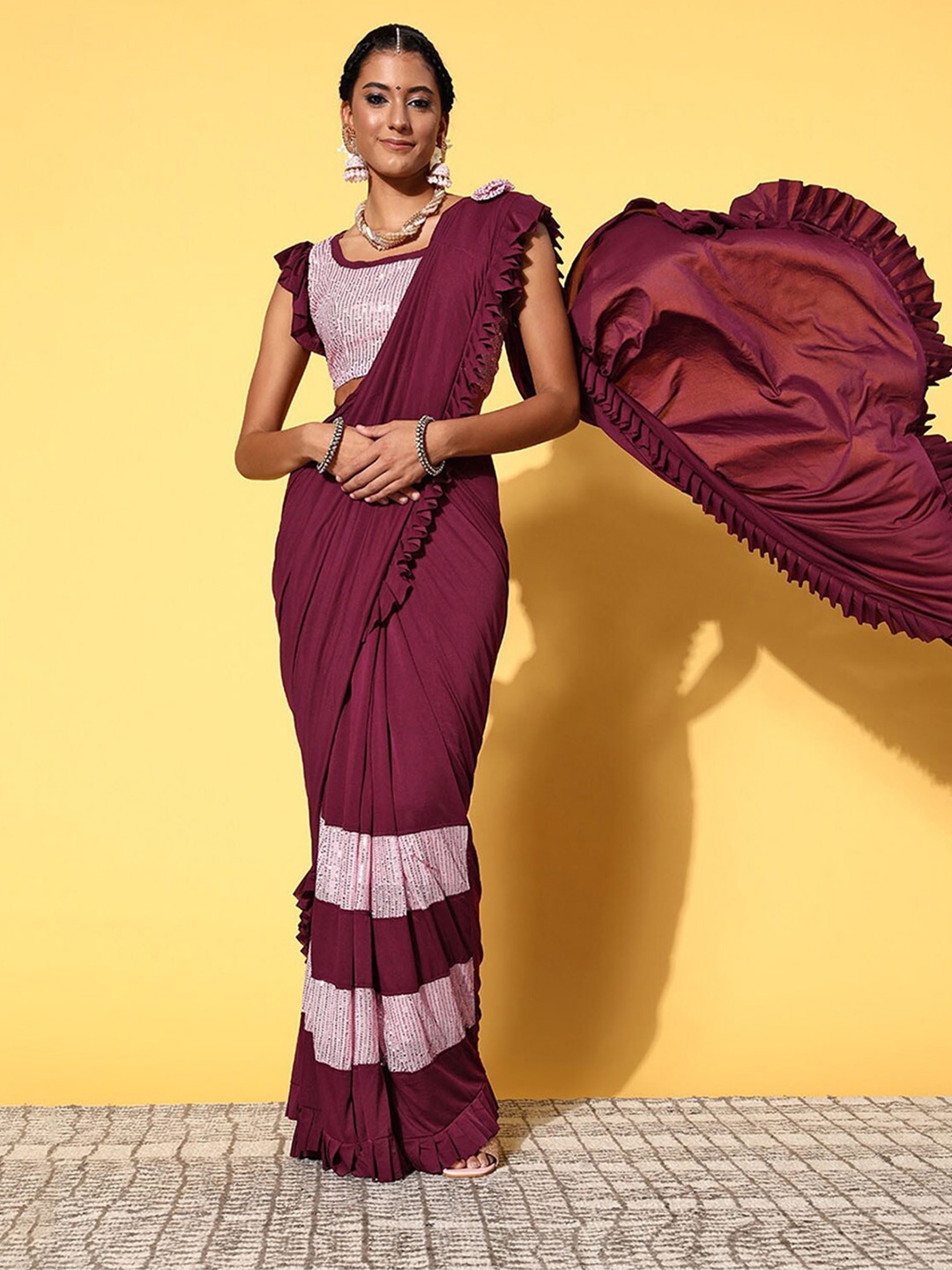 

ODETTE Sequinned Embellished Poly Silk Saree With Ruffles, Maroon