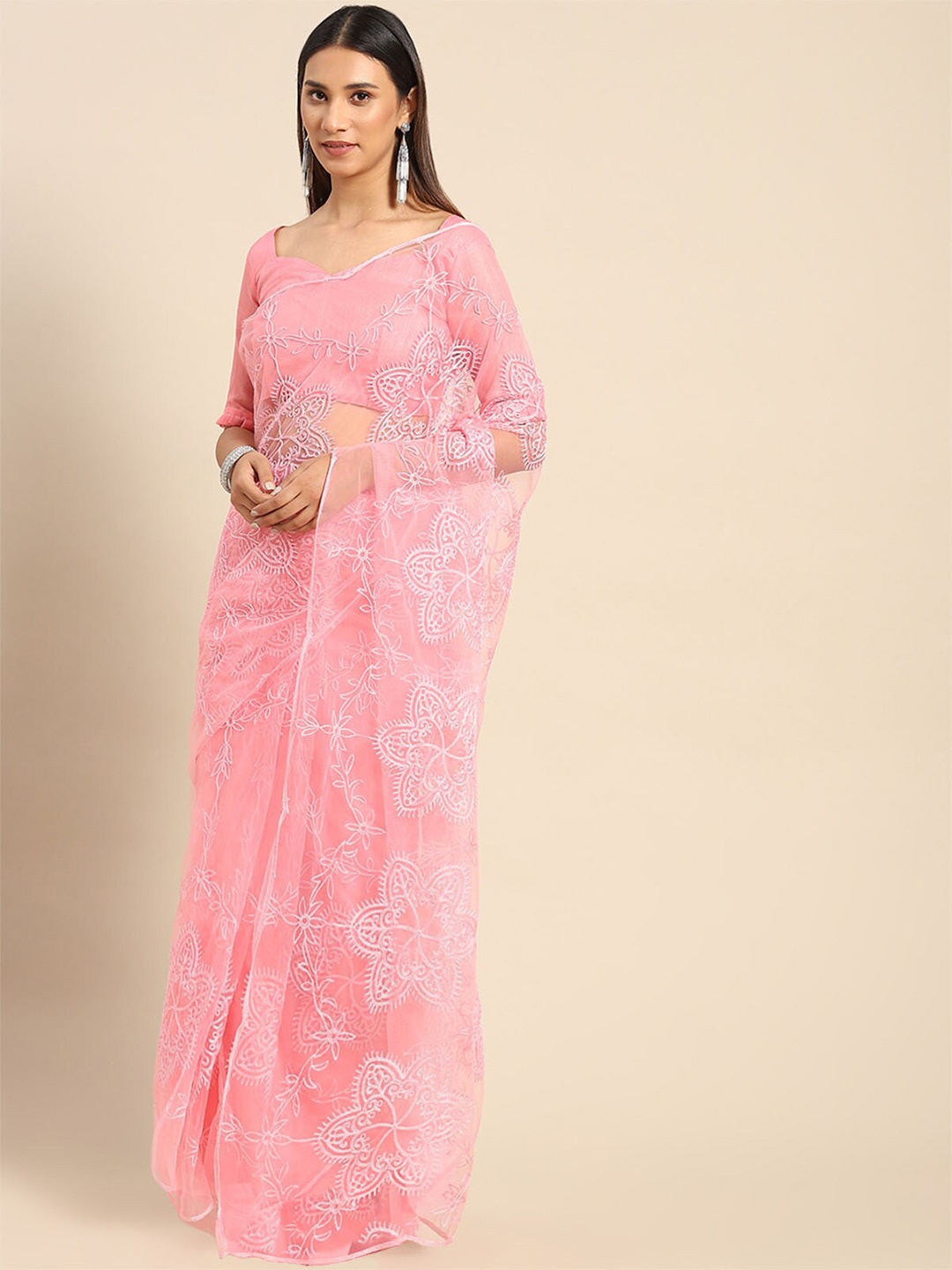 

ODETTE Floral Embroidered Net Saree, Pink