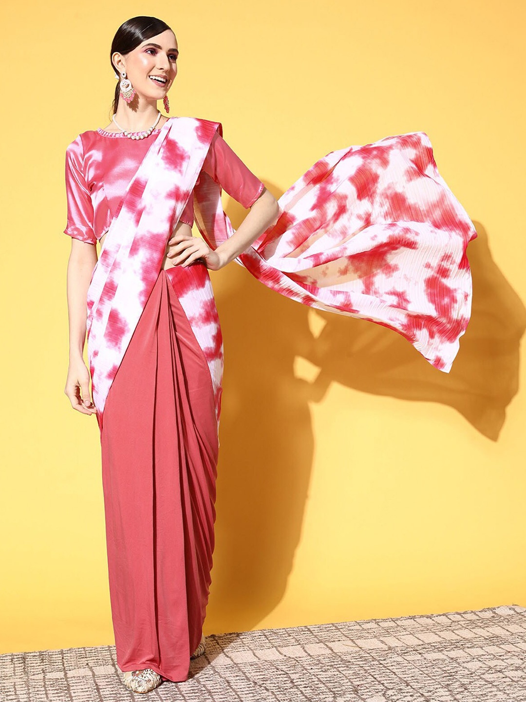 

ODETTE Tie & Dye Poly Silk Saree, Coral