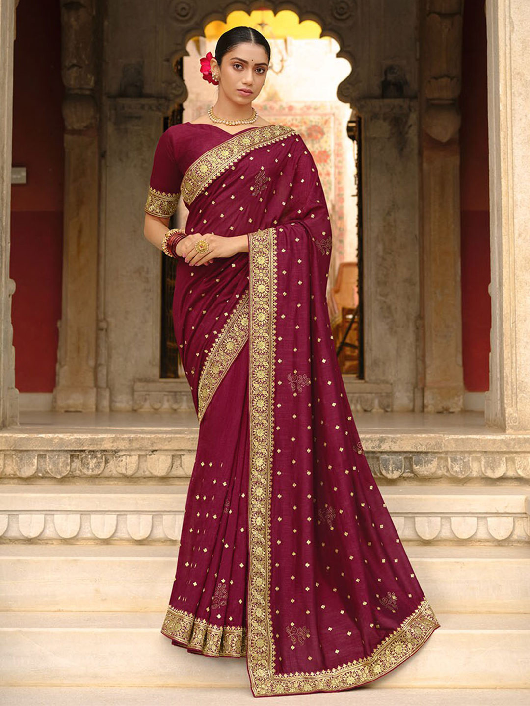 

ODETTE Ethnic Motif Embroidered Beads and Stone Silk Blend Saree, Burgundy