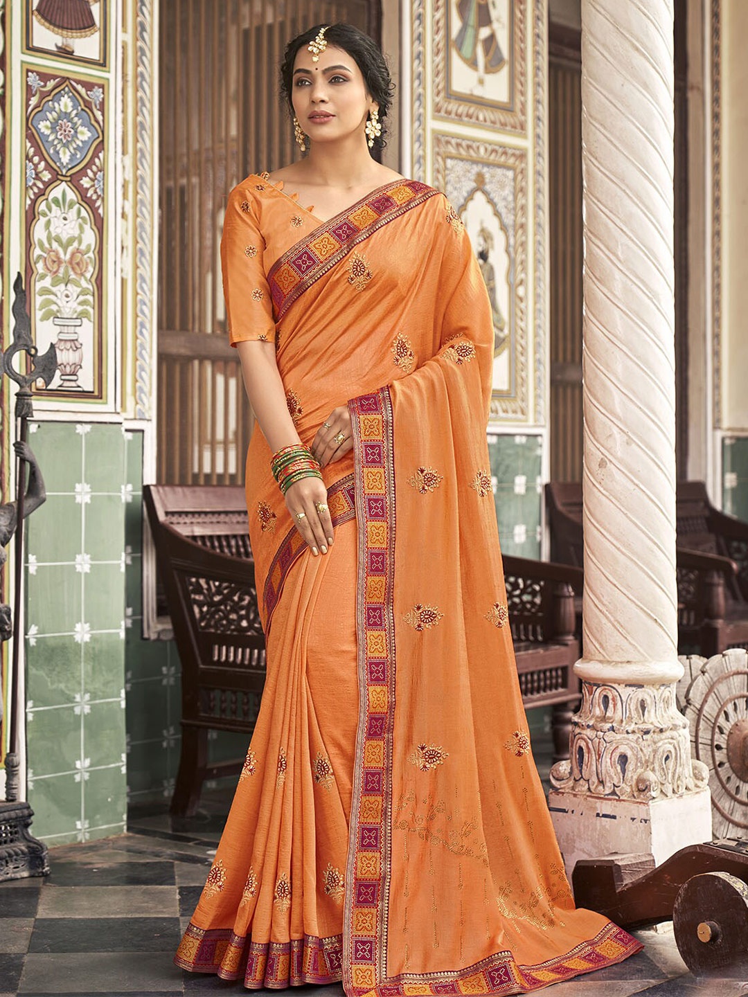 

ODETTE Ethnic Motif Embroidered Silk Blend Zari Saree, Peach