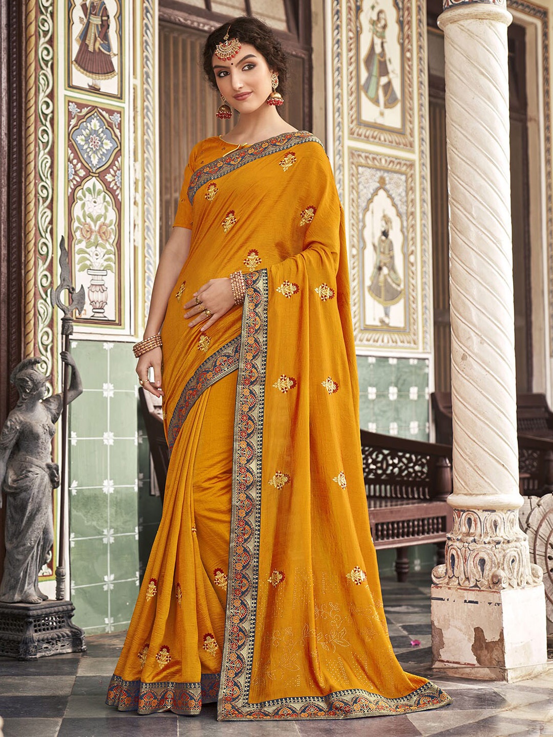 

ODETTE Floral Embroidered Saree, Mustard