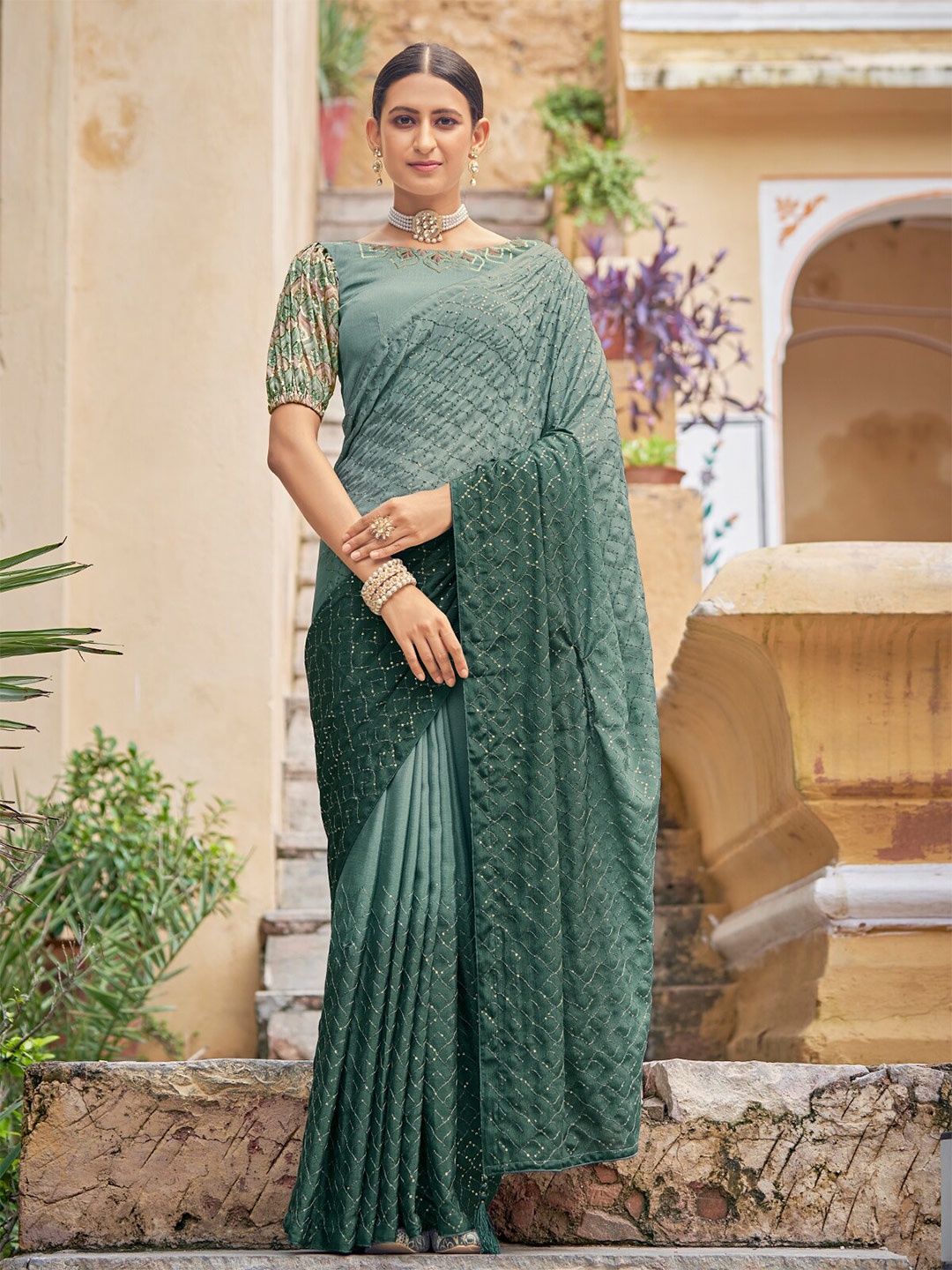 

ODETTE Sequined Embroidered Saree, Teal