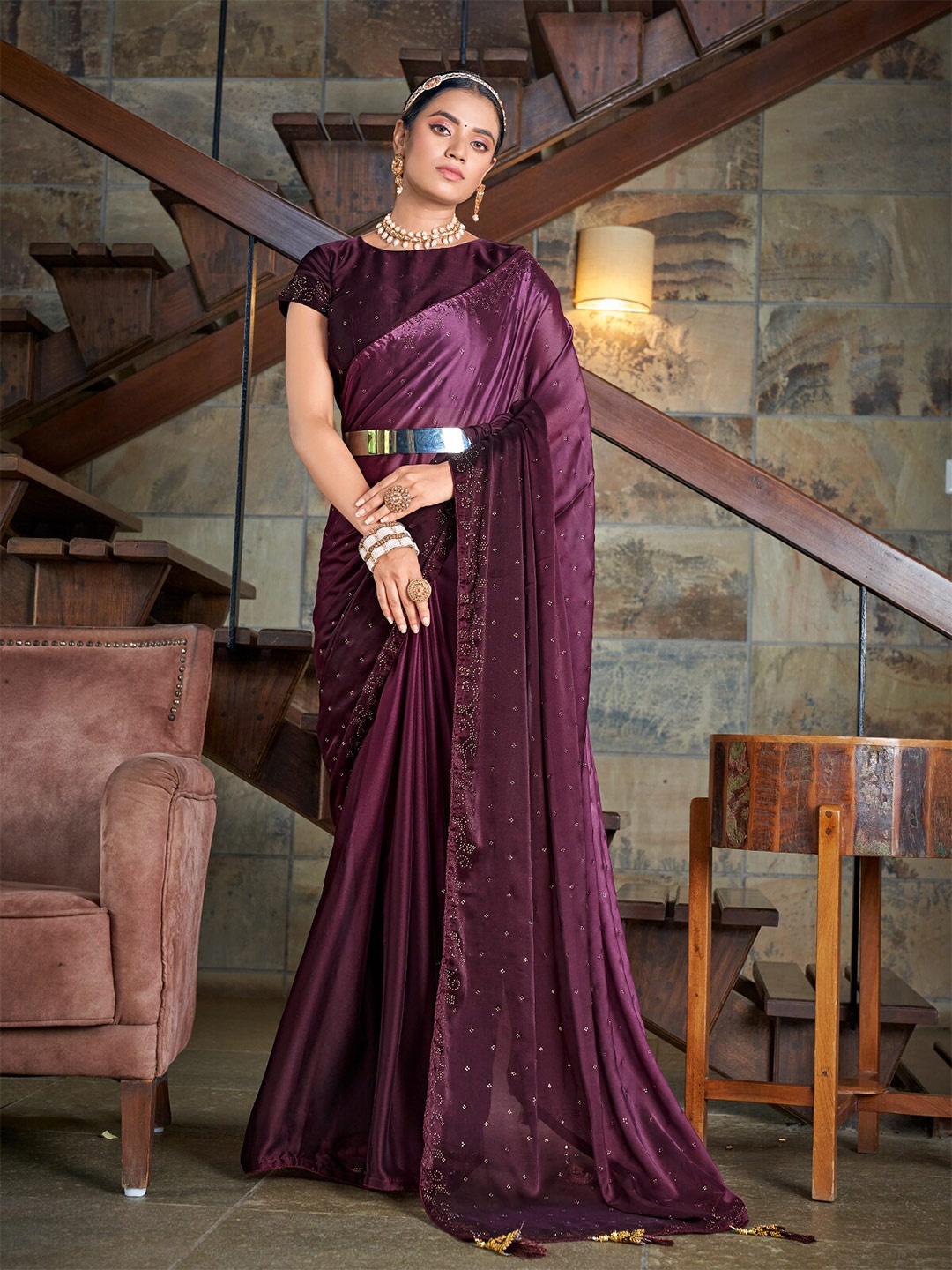 

ODETTE Stone Work Embellished Saree, Violet