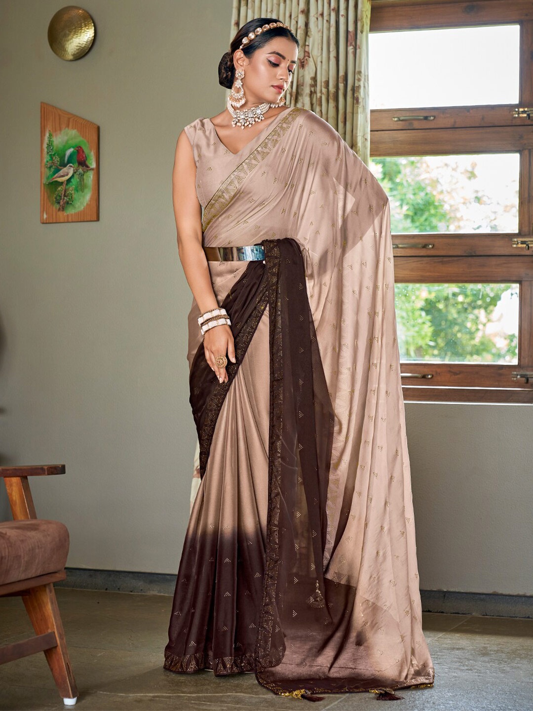 

ODETTE Stone Work Embellished Saree, Brown