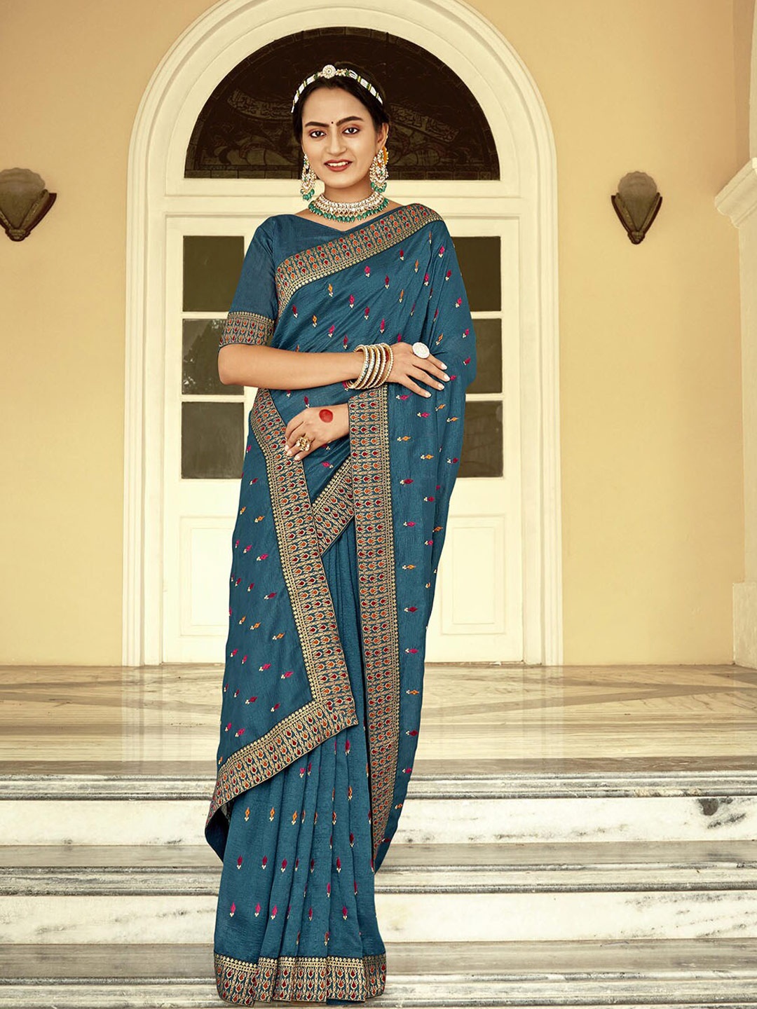

ODETTE Ethnic Motifs Embroidered Saree, Teal