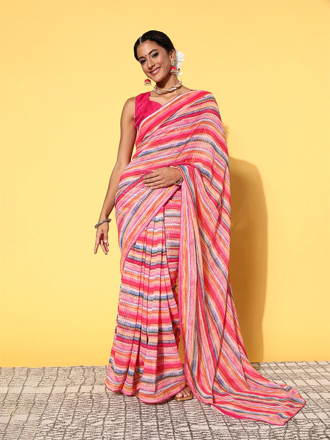 

ODETTE Sequined Striped Saree, Pink