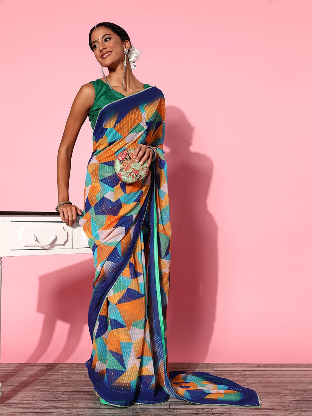 

ODETTE Geometric Printed Sequinned Saree, Blue