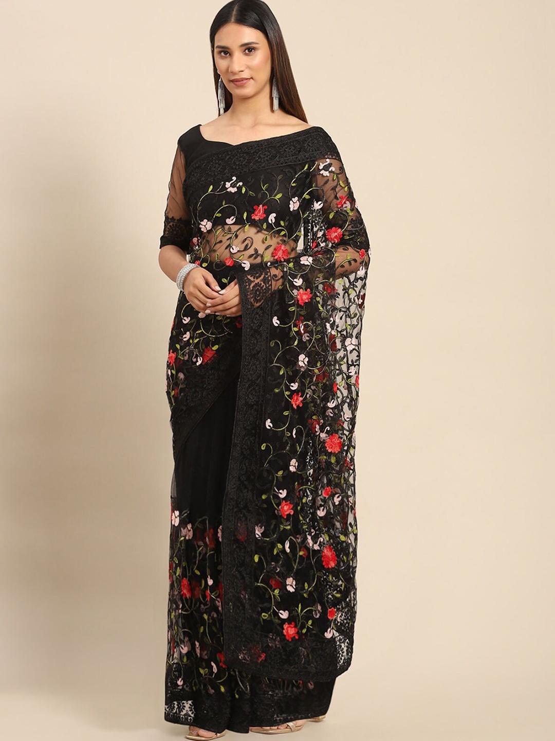 

ODETTE Floral Embroidered Net Saree, Black