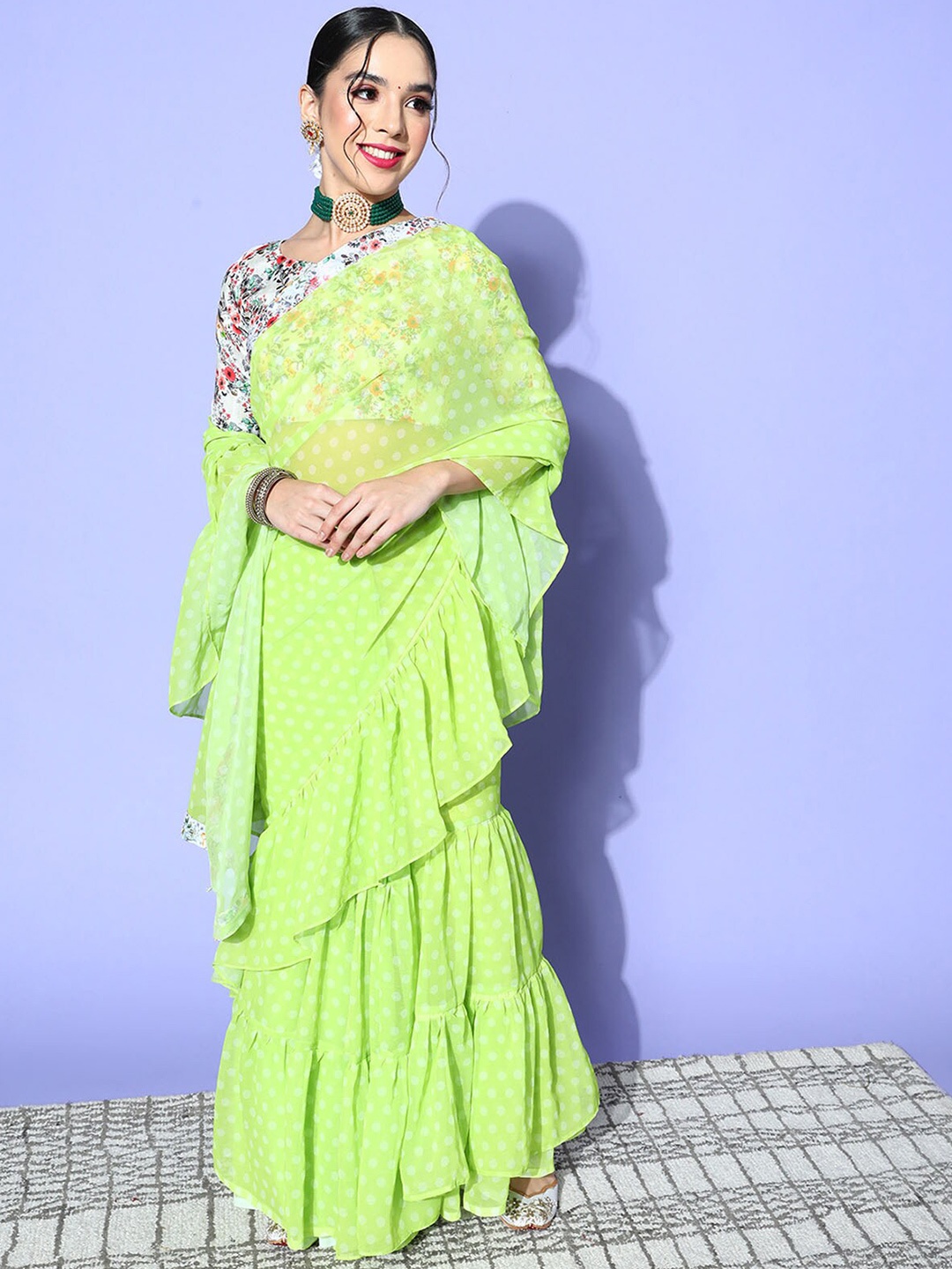 

ODETTE Polka Dot Printed Ruffled Saree, Lime green