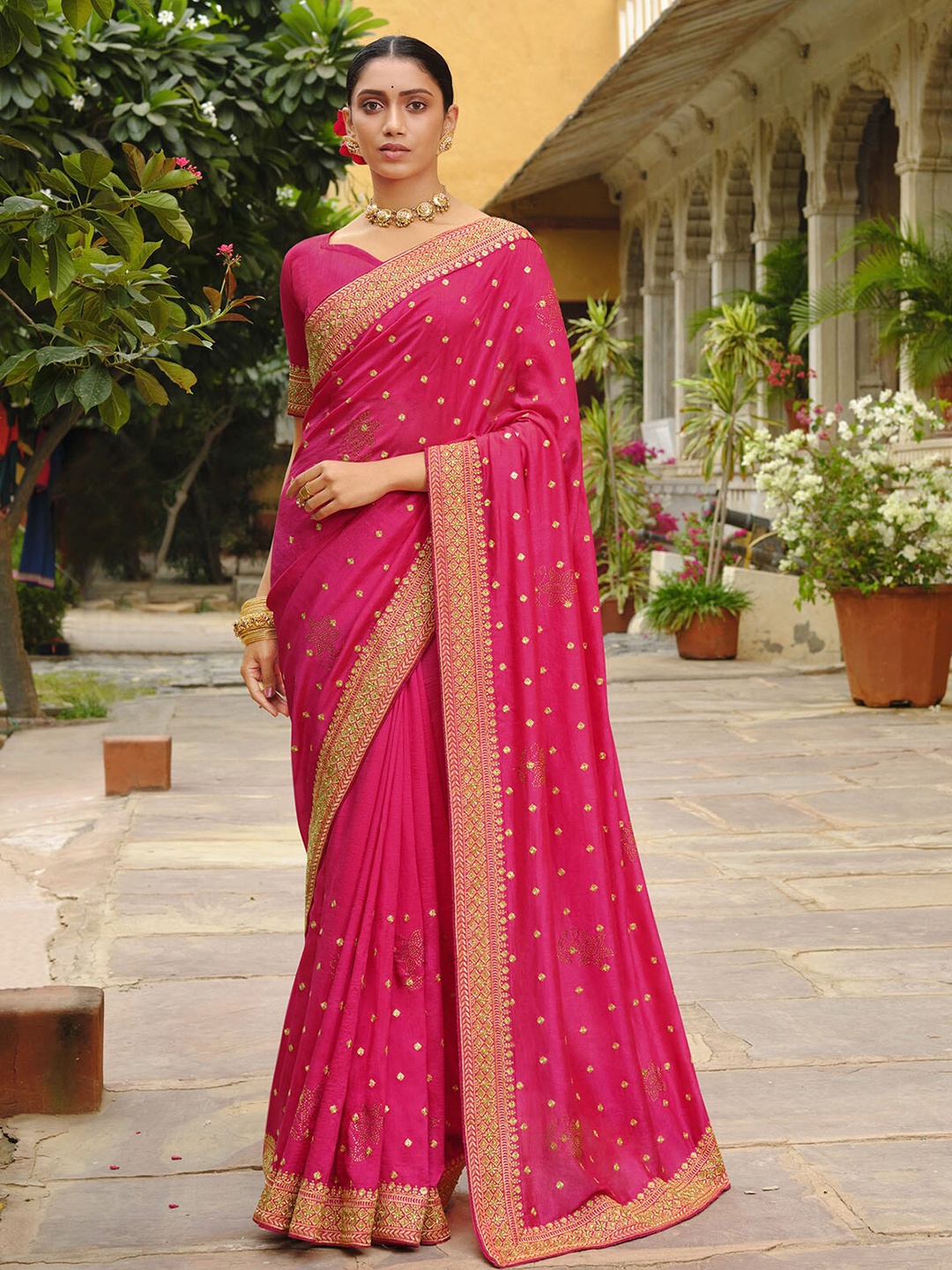 

ODETTE Polka Dots Embroidered Saree, Pink