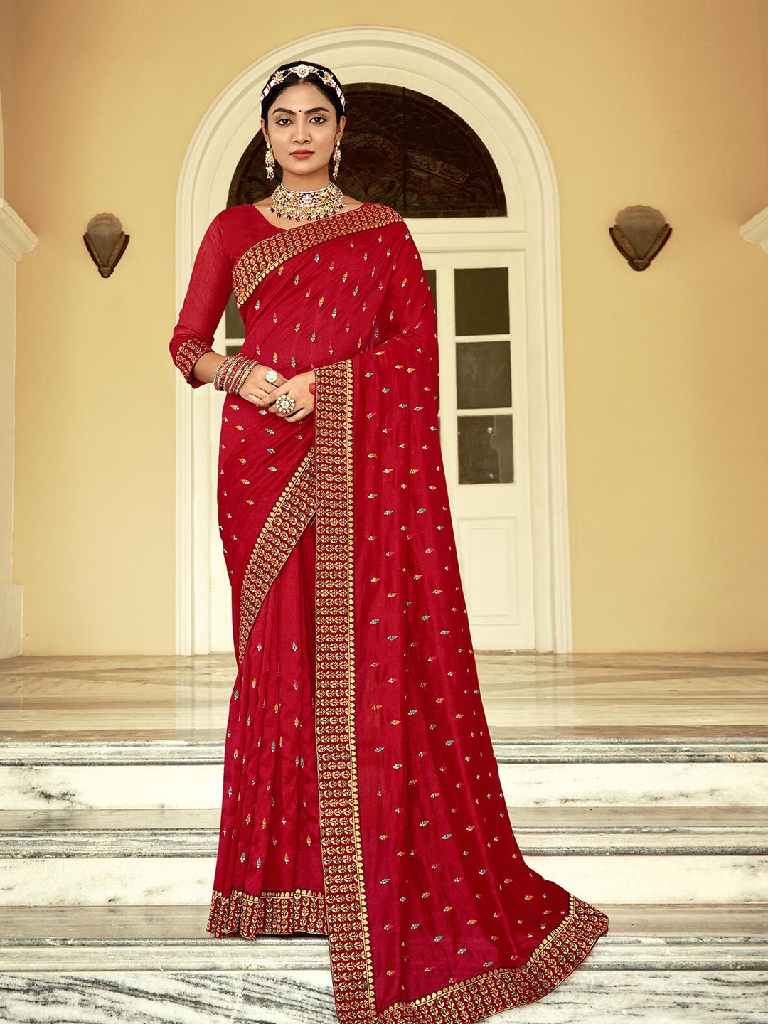 

ODETTE Embellished Embroidered Saree, Red