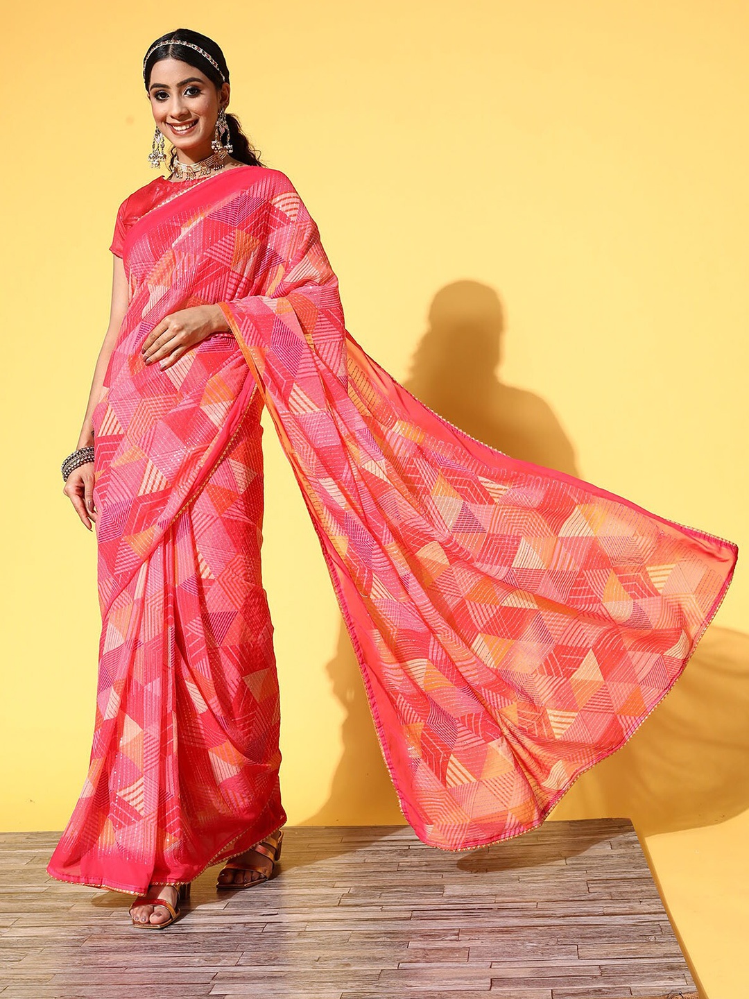 

ODETTE Geometric Sequinned Georgette Saree, Red