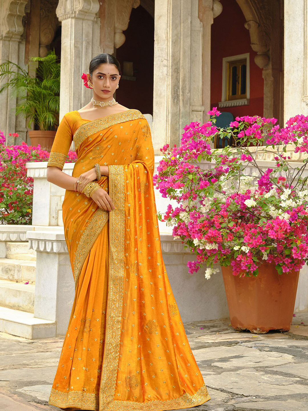

ODETTE Embellished Embroidered Saree, Mustard