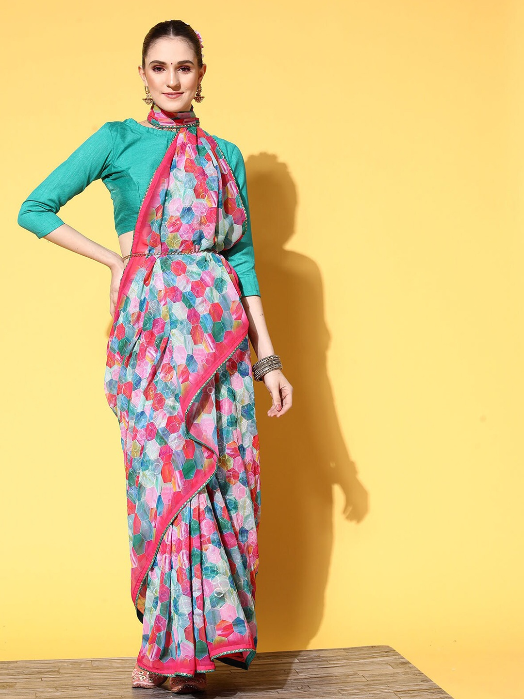 

ODETTE Sequinned Geometric Printed Georgette saree, Green