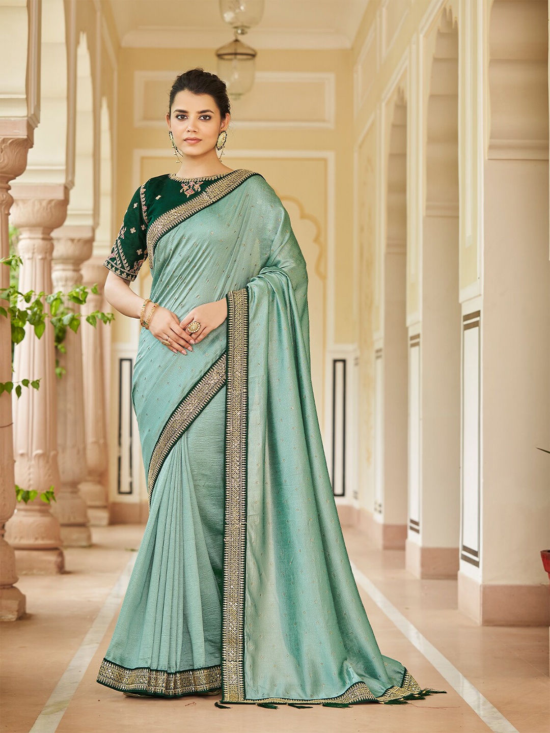 

ODETTE Embellished Embroidered Beads And Stones Work Saree, Sea green