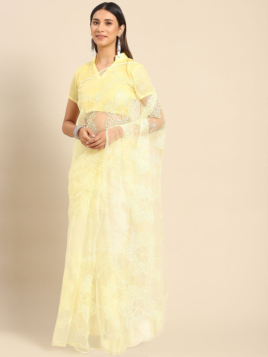 

ODETTE Floral Embroidered Net Saree, Yellow