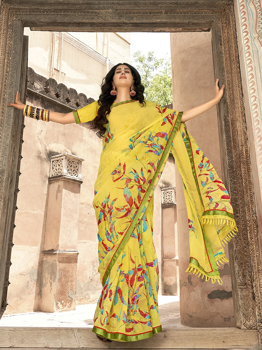 

ODETTE Floral Printed Fringe Border Embellished Georgette Saree, Yellow