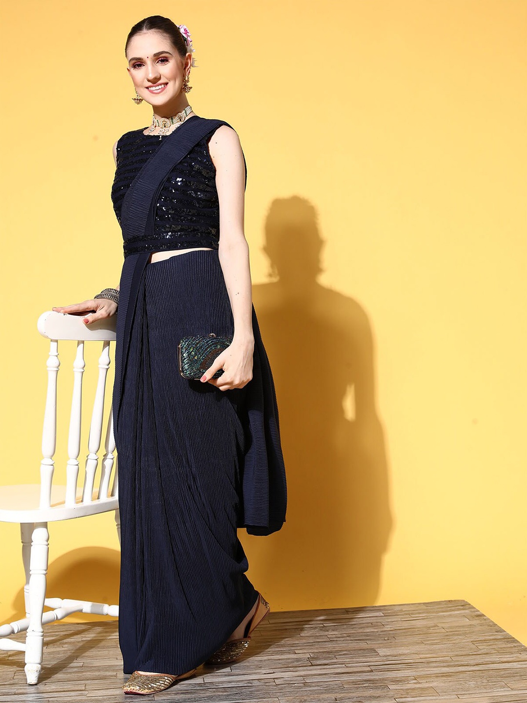 

ODETTE Accordion Pleated Saree With Sequenced Blouse And Belt, Black