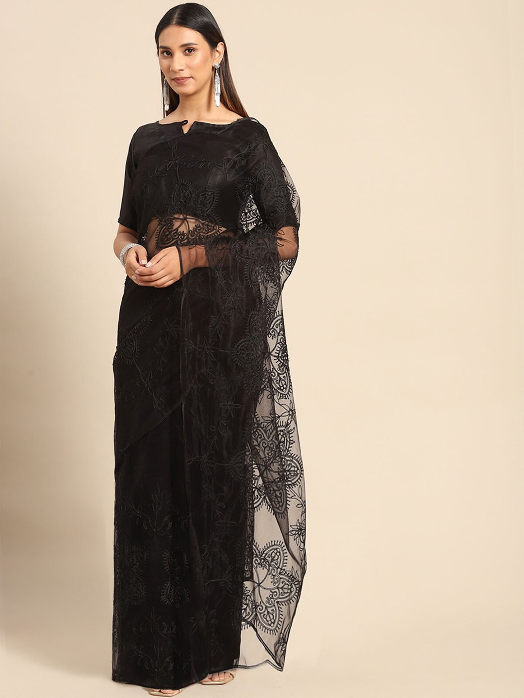 

ODETTE Floral Embroidered Net Saree, Black