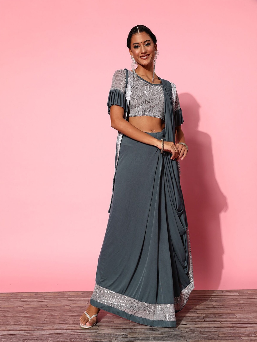 

ODETTE Sequinned Ready To Wear Saree, Grey