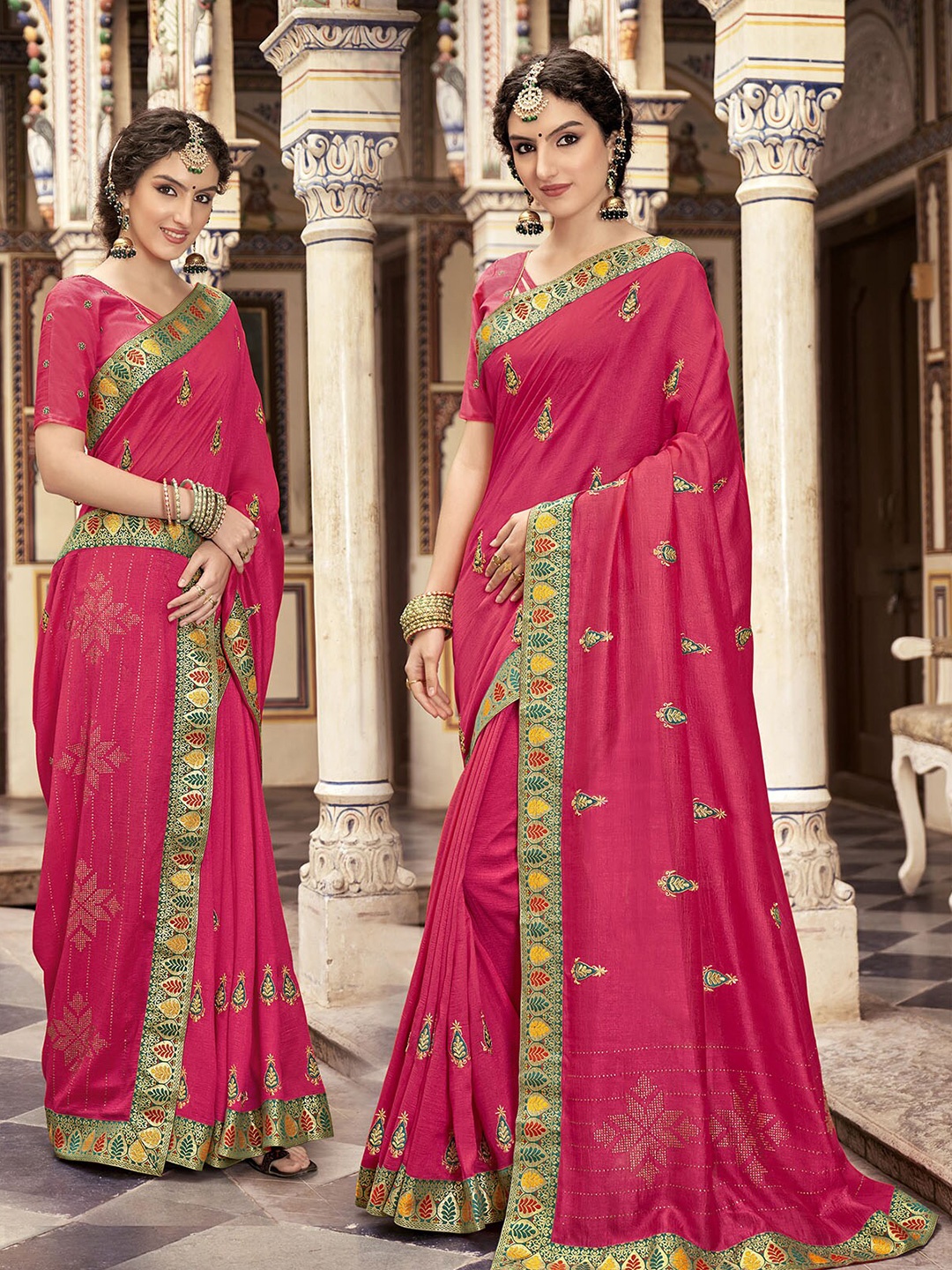 

ODETTE Ethnic Motifs Embroidered Saree, Pink