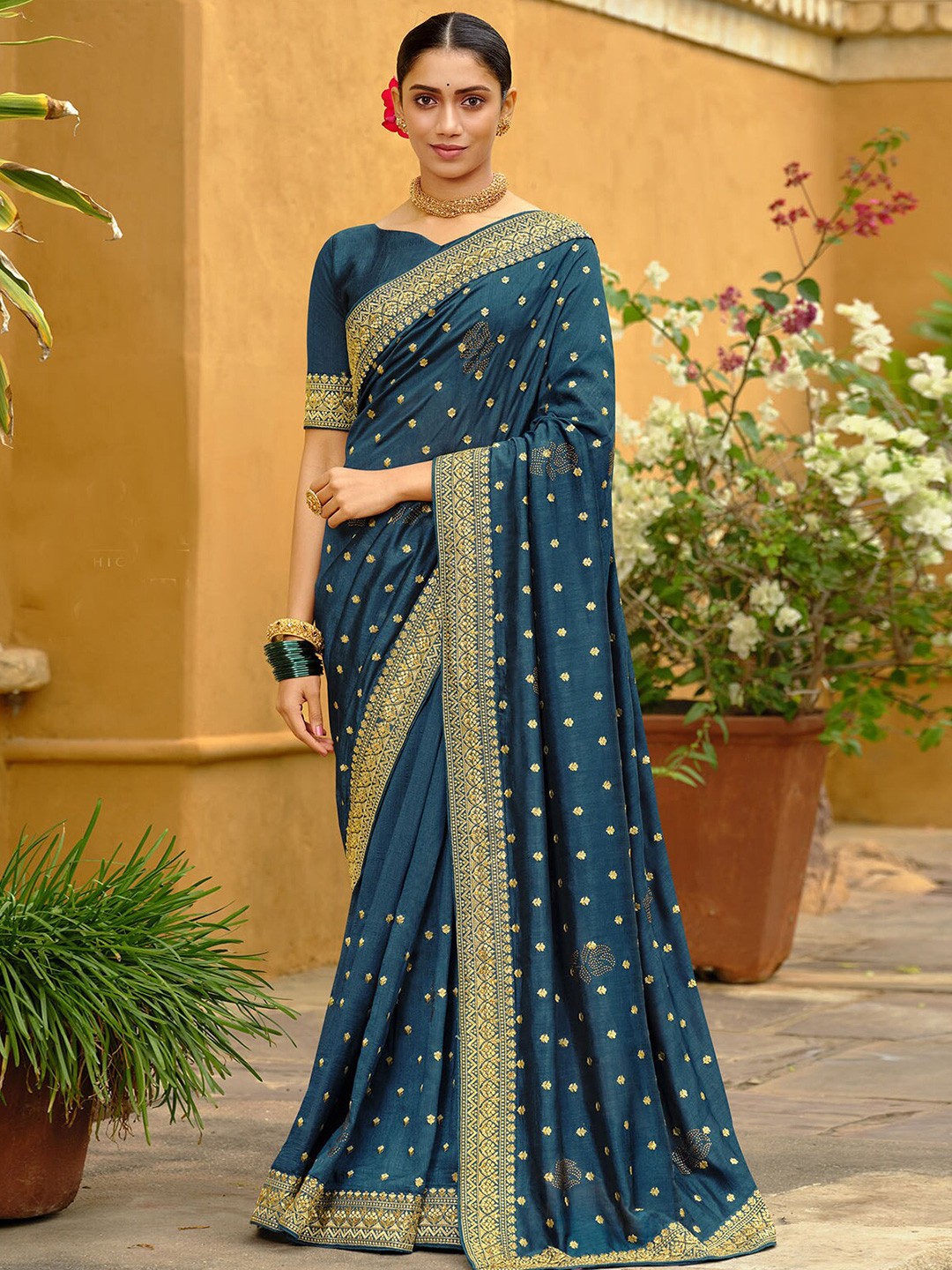 

ODETTE Ethnic Motifs Embroidered Saree, Teal