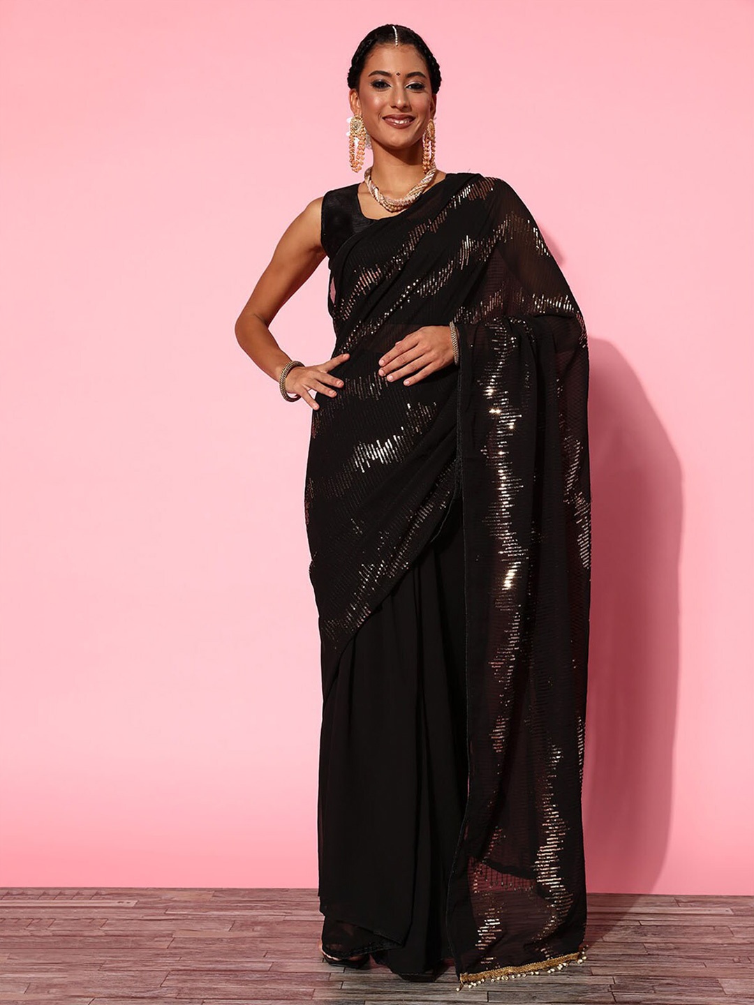 

ODETTE Embellished Sequinned Poly Georgette Saree, Black